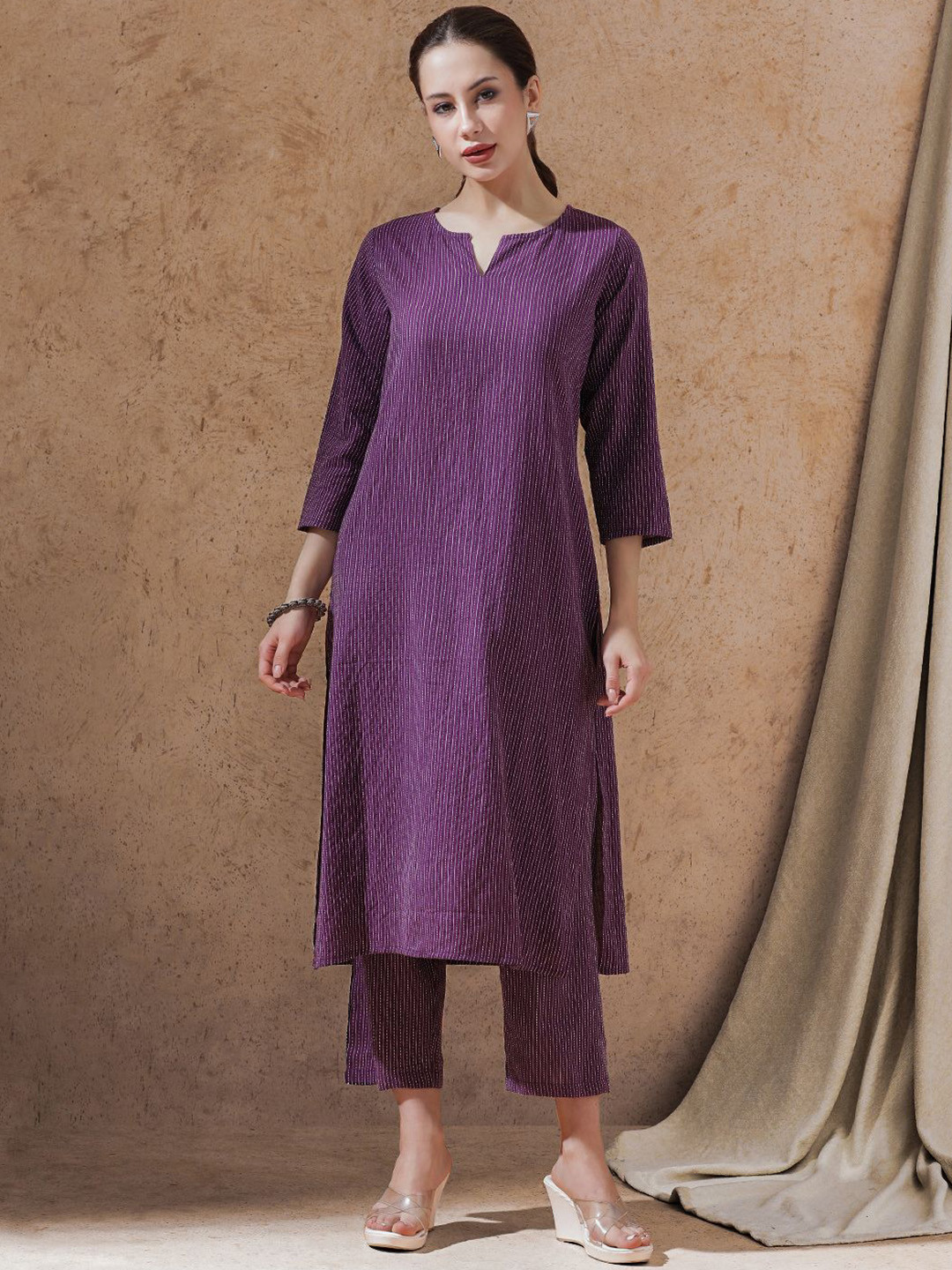 STYLEBAAZI Striped Notch Neck Kantha Work Straight Pure Cotton Kurta With Trousers, Purple
STYLEBAAZI Striped Notch Neck Kantha Work Straight Pure Cotton Kurta With Trousers, Purple