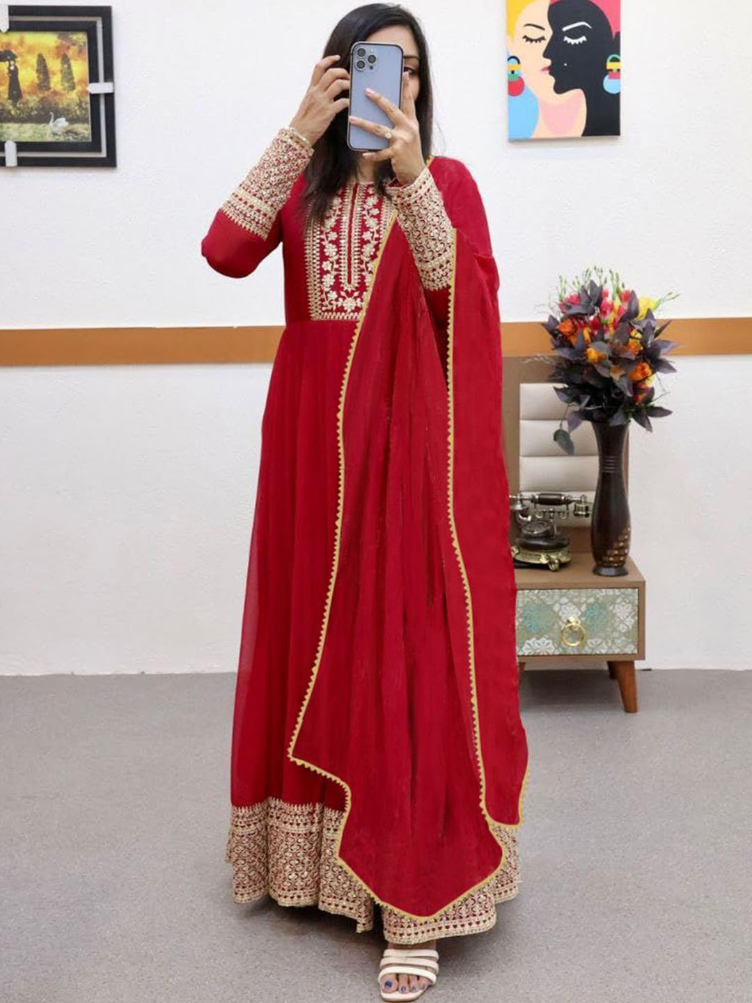 BAESD Floral Embroidered Sequinned Georgette Anarkali Ethnic Dress With Dupatta, Red
BAESD Floral Embroidered Sequinned Georgette Anarkali Ethnic Dress With Dupatta, Red