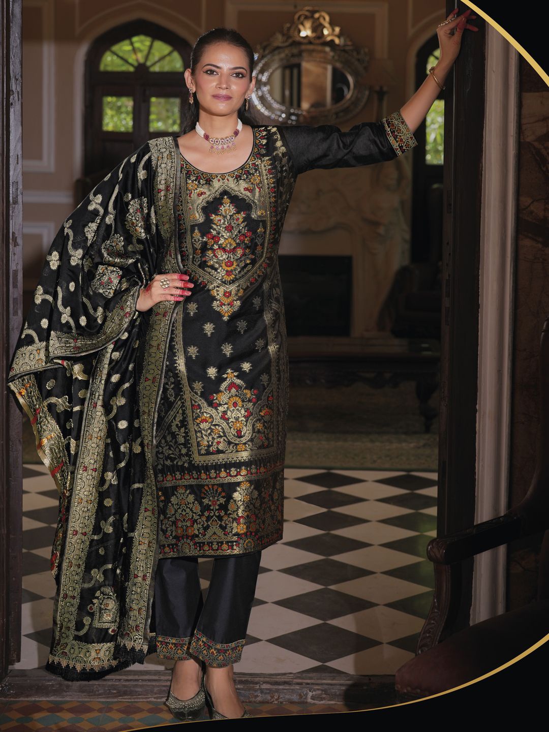 VredeVogel Floral Self Design Round Neck Straight Kurta With Trousers And Dupatta, Black
VredeVogel Floral Self Design Round Neck Straight Kurta With Trousers And Dupatta, Black