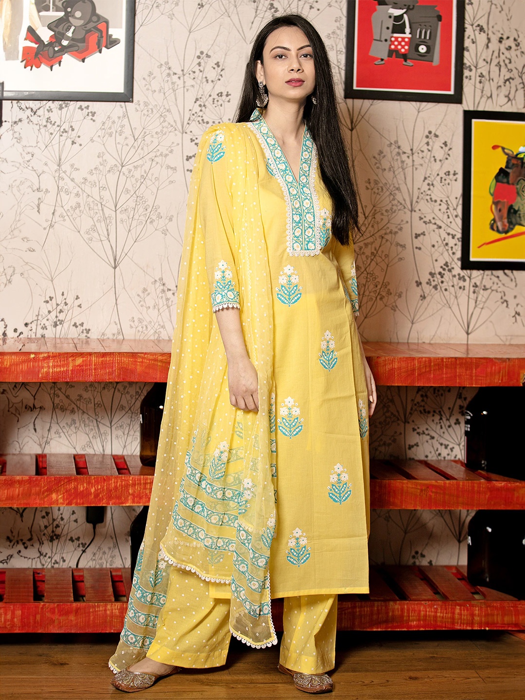 Anni Designer Floral Printed V-Neck Straight Kurta With Palazzos And Dupatta, Mustard
Anni Designer Floral Printed V-Neck Straight Kurta With Palazzos And Dupatta, Mustard