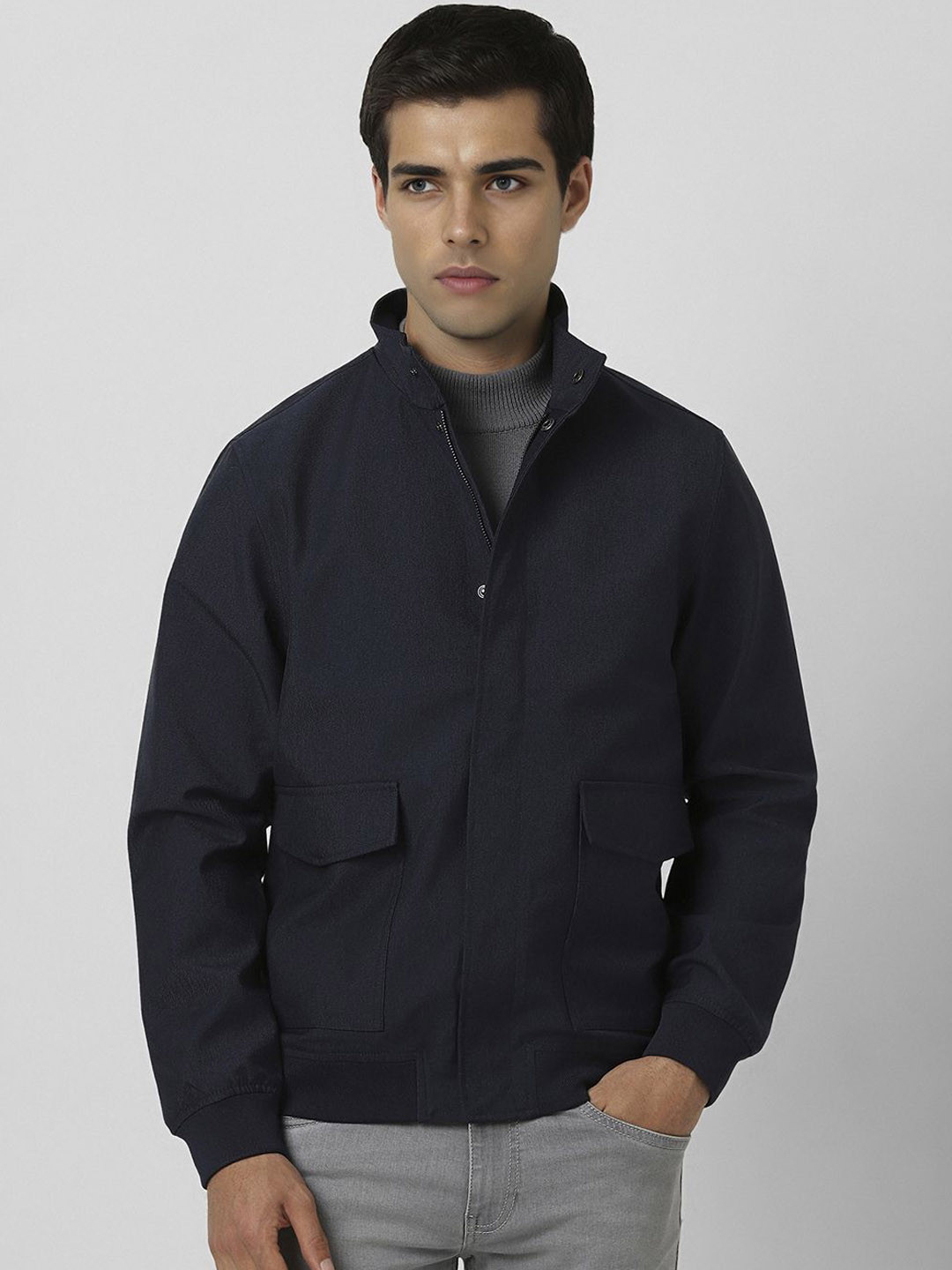 V Dot Men Mock Collar Solid Casual Bomber Jacket, Navy blue 
V Dot Men Mock Collar Solid Casual Bomber Jacket, Navy blue