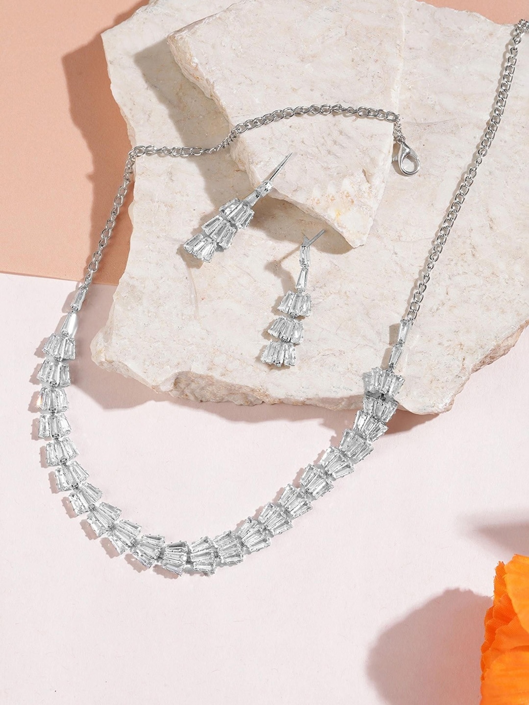 ORANGENYSHA 18KT Rhodium-Plated Crystal & American Diamond Gemstone-Studded Jewellery Set, Silver
ORANGENYSHA 18KT Rhodium-Plated Crystal & American Diamond Gemstone-Studded Jewellery Set, Silver