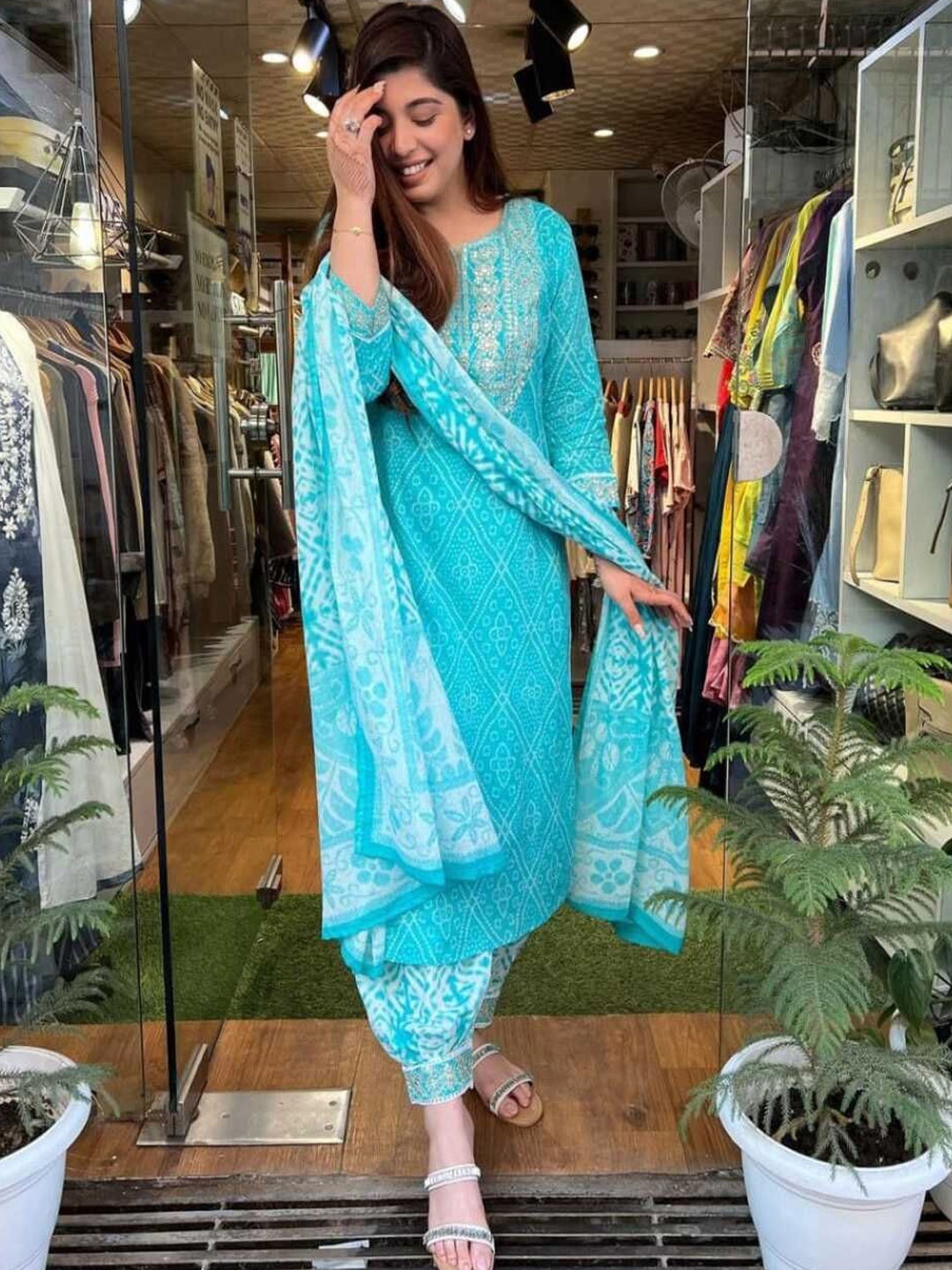 Moda Rapido Floral Embroidered Pure Cotton Bandhani Kurta With Salwar And Dupatta, Blue
Moda Rapido Floral Embroidered Pure Cotton Bandhani Kurta With Salwar And Dupatta, Blue