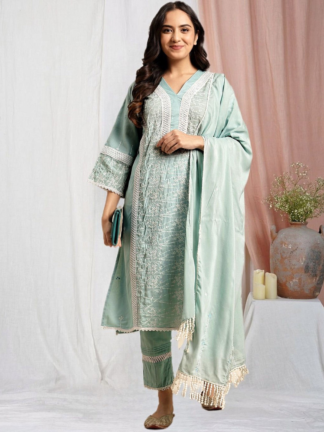 Zuri Floral Embroidered V-Neck Pure Cotton Straight Kurta With Trousers & Dupatta, Sea green
Zuri Floral Embroidered V-Neck Pure Cotton Straight Kurta With Trousers & Dupatta, Sea green