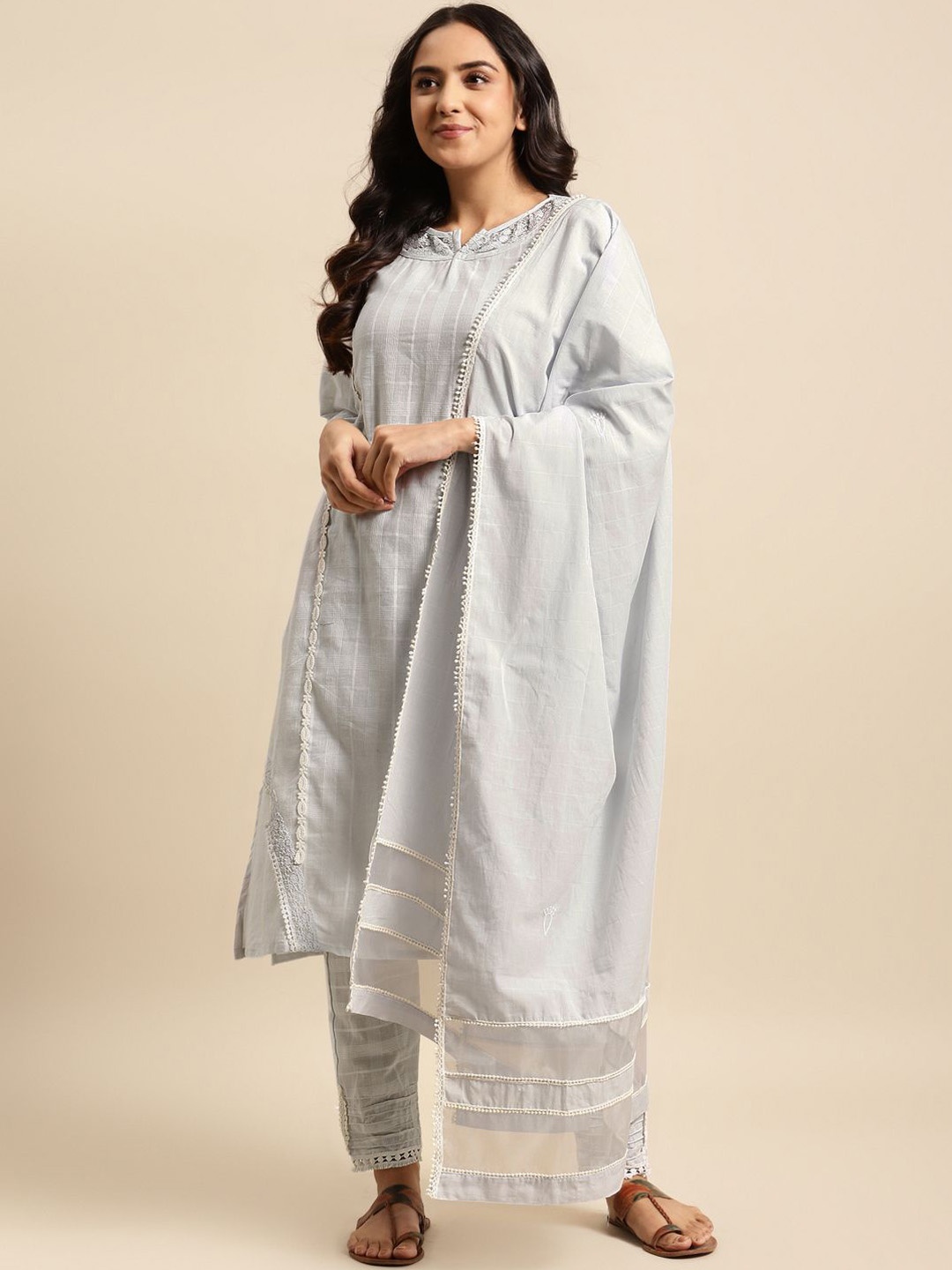 Zuri Striped Notch Neck Dobby Pure Cotton Straight Kurta With Trousers & Dupatta, Grey
Zuri Striped Notch Neck Dobby Pure Cotton Straight Kurta With Trousers & Dupatta, Grey