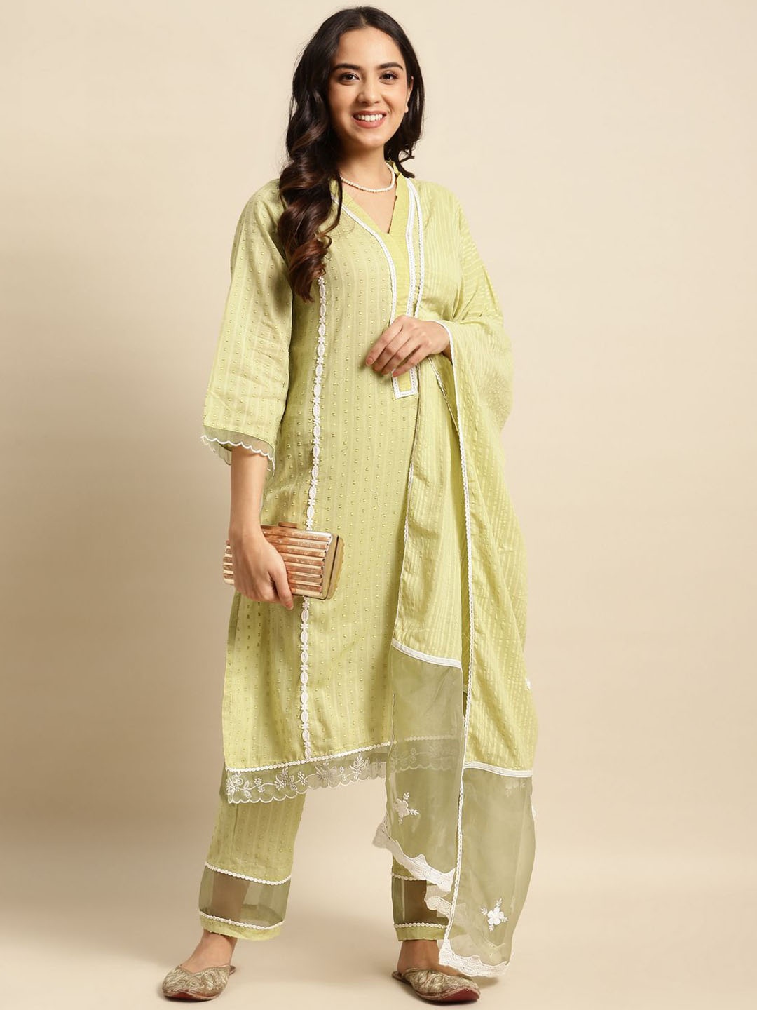 Zuri Embroidered V-Neck Dobby Pure Cotton Straight Kurta With Trousers & Dupatta, Lime green
Zuri Embroidered V-Neck Dobby Pure Cotton Straight Kurta With Trousers & Dupatta, Lime green