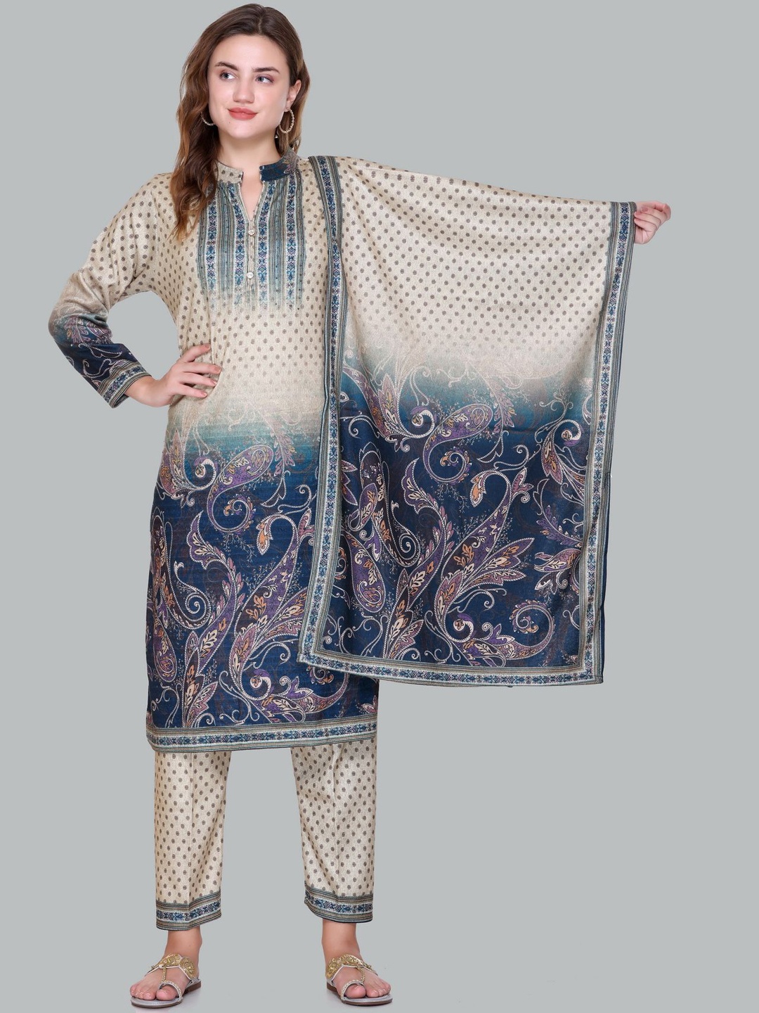 Pink Berry Floral Printed Mandarin Collar Straight Kurta With Trousers And Dupatta, Beige
Pink Berry Floral Printed Mandarin Collar Straight Kurta With Trousers And Dupatta, Beige