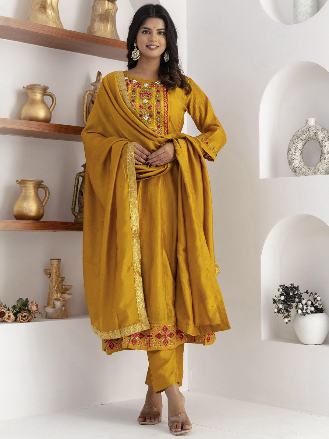 VredeVogel Floral Embroidered Sequinned Round Neck Anarkali Kurta With Trouser And Dupatta, Mustard
VredeVogel Floral Embroidered Sequinned Round Neck Anarkali Kurta With Trouser And Dupatta, Mustard
