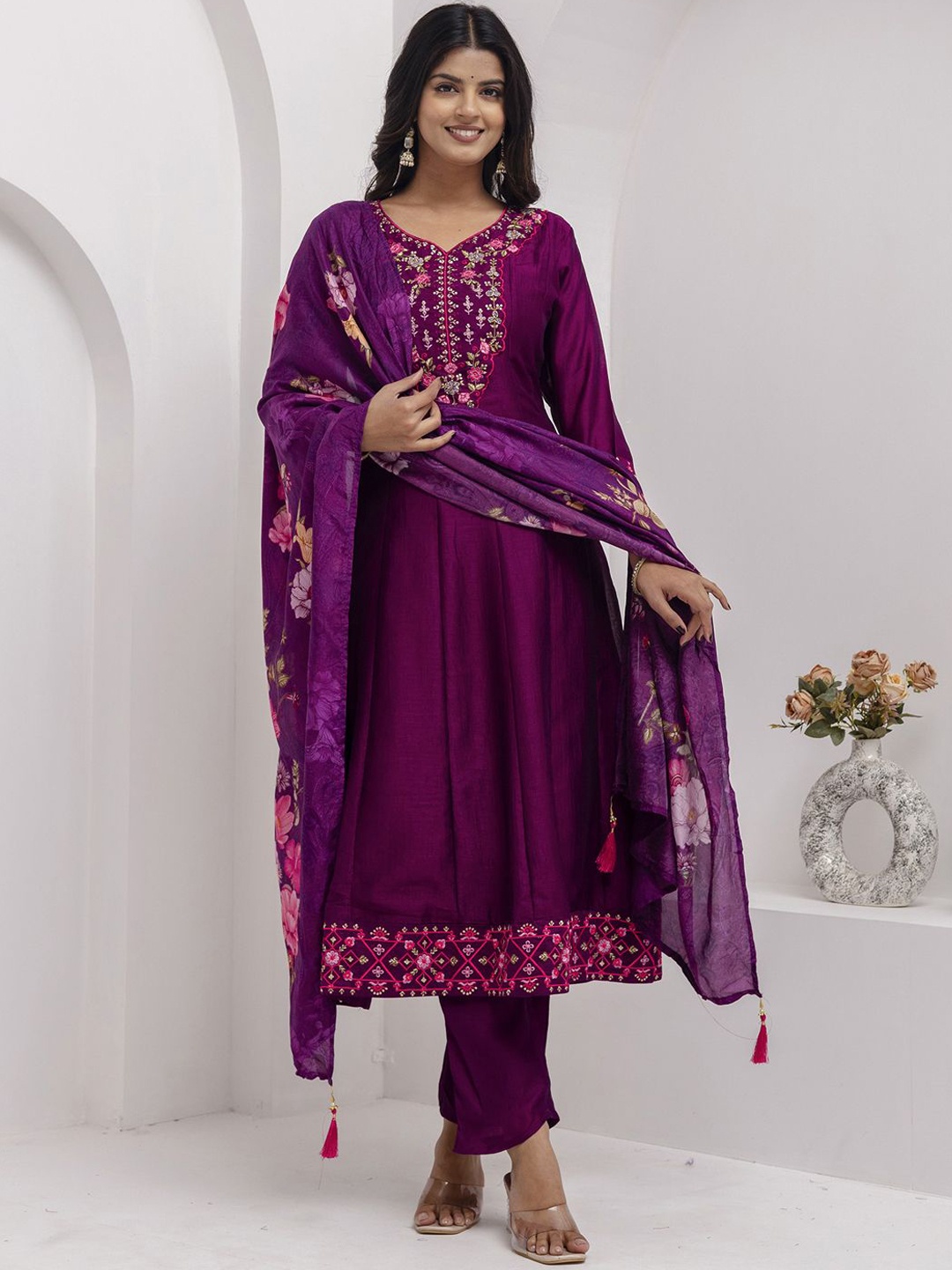 VredeVogel Embroidered Yoke Design Sequinned Silk Anarkali Kurta With Trousers & Dupatta, Purple
VredeVogel Embroidered Yoke Design Sequinned Silk Anarkali Kurta With Trousers & Dupatta, Purple