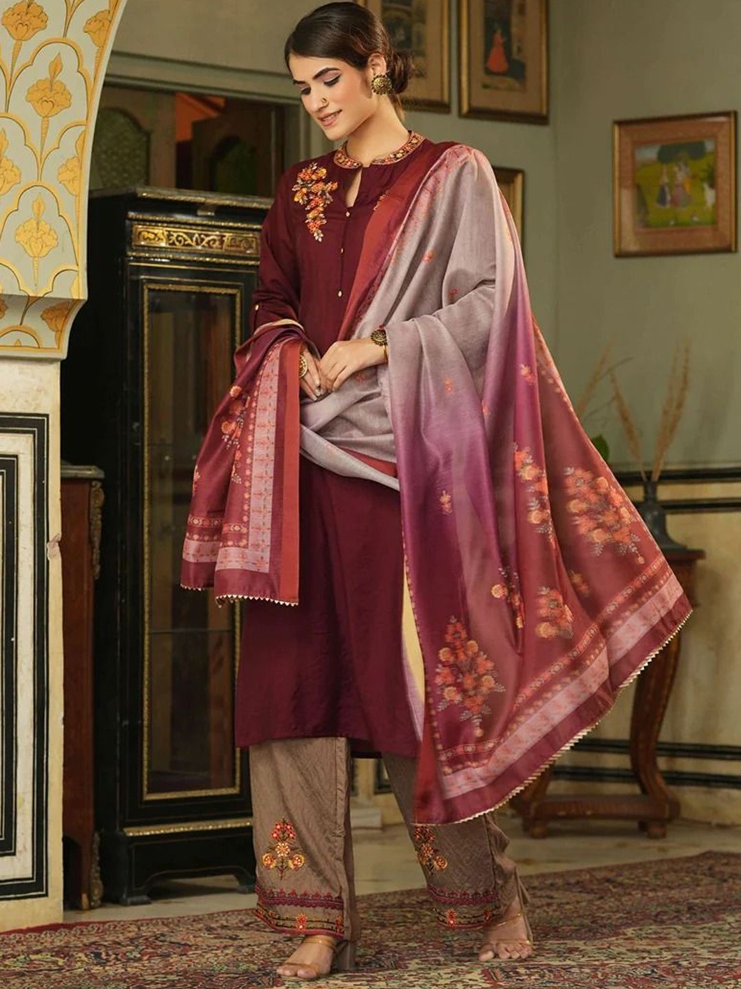 Krimmple Mandarin Collar Chanderi Cotton Straight Kurta With Trousers & Dupatta, Maroon
Krimmple Mandarin Collar Chanderi Cotton Straight Kurta With Trousers & Dupatta, Maroon