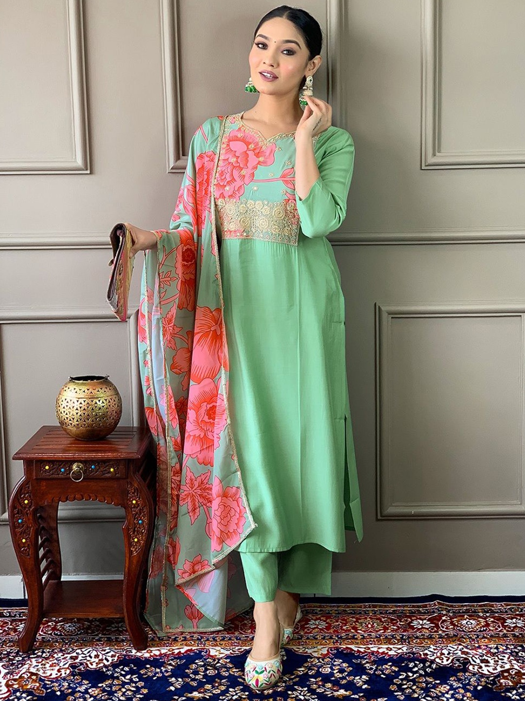S.K.C Floral Embroidered Straight Chanderi Cotton Kurta With Trousers And Dupatta, Fluorescent green
S.K.C Floral Embroidered Straight Chanderi Cotton Kurta With Trousers And Dupatta, Fluorescent green