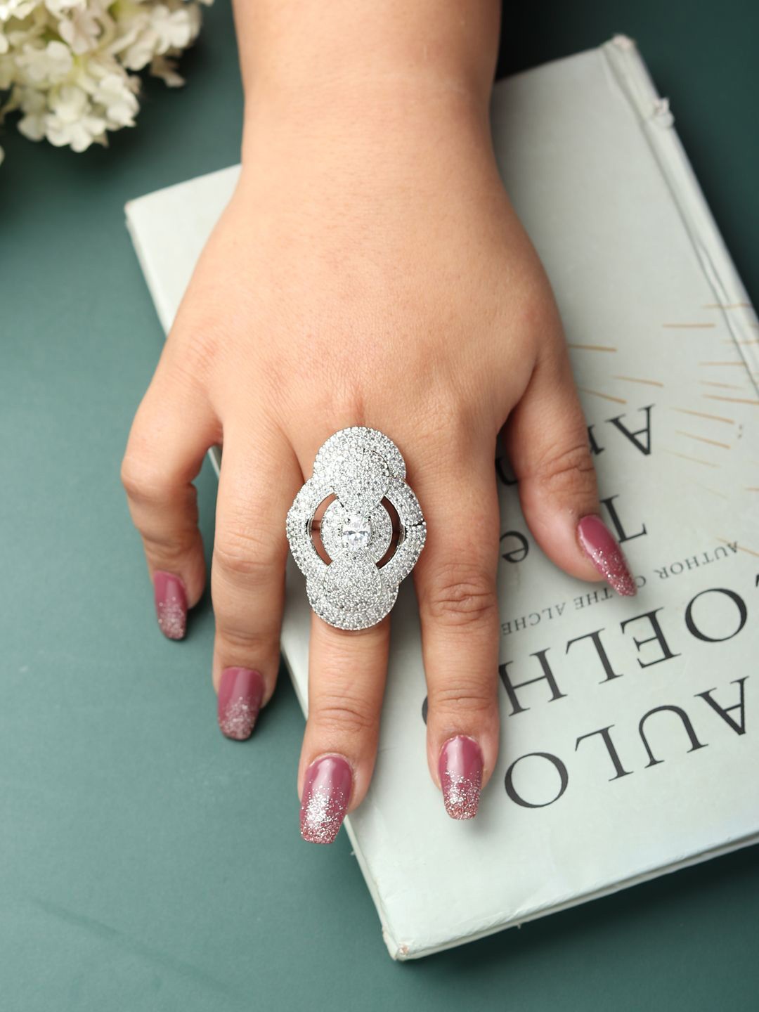 RHOSYN Rhodium-Plated Cubic Zirconia & American Diamond Studded Adjustable Finger Ring, Silver
RHOSYN Rhodium-Plated Cubic Zirconia & American Diamond Studded Adjustable Finger Ring, Silver