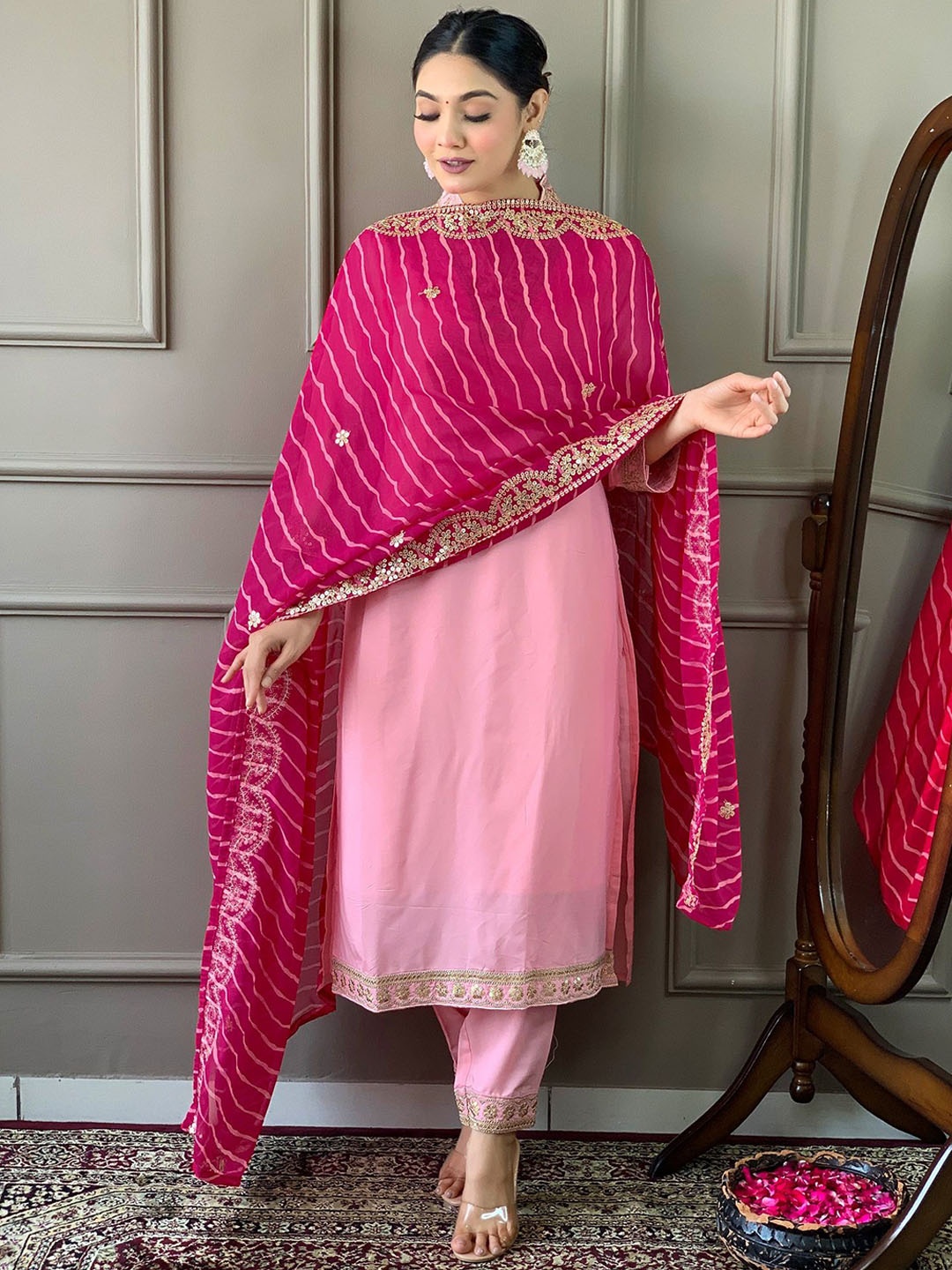 KALINI Women Ethnic Motifs Embroidered Regular Kurta with Trousers & With Dupatta, Pink
KALINI Women Ethnic Motifs Embroidered Regular Kurta with Trousers & With Dupatta, Pink