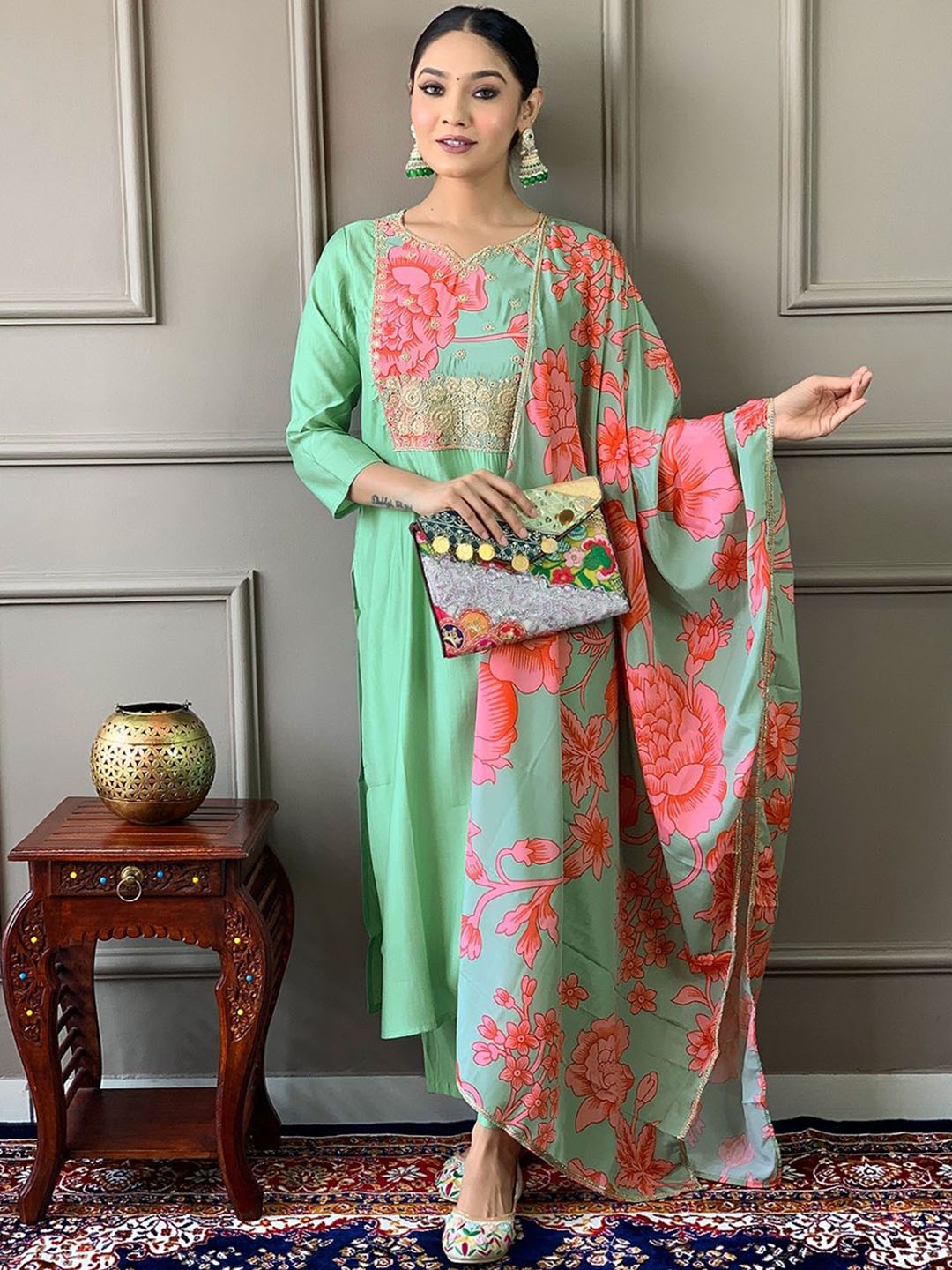 SHOPONBIT Floral Yoke Design Chanderi Cotton Straight Kurta With Trousers & Dupatta, Green
SHOPONBIT Floral Yoke Design Chanderi Cotton Straight Kurta With Trousers & Dupatta, Green