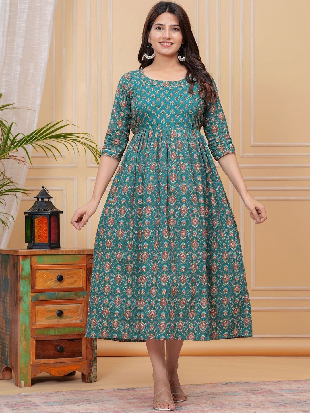 Nevisha Style Ethnic Motifs Printed Round Neck Maternity Cotton Fit and Flare Dress, Teal
Nevisha Style Ethnic Motifs Printed Round Neck Maternity Cotton Fit and Flare Dress, Teal