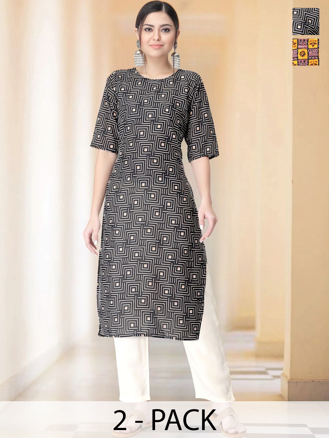 7Threads Selection of 2 Geometric Printed Round Neck Straight Kurtas With Trousers, Black
7Threads Selection of 2 Geometric Printed Round Neck Straight Kurtas With Trousers, Black