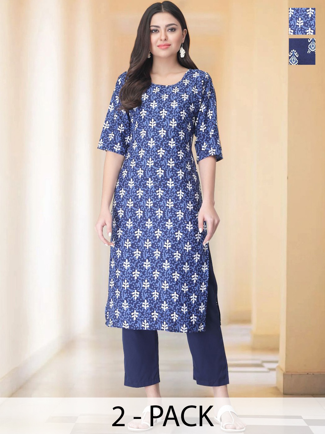 7Threads Selection Of 2 Floral Printed Round Neck Straight Kurtas With Trousers, Navy blue
7Threads Selection Of 2 Floral Printed Round Neck Straight Kurtas With Trousers, Navy blue