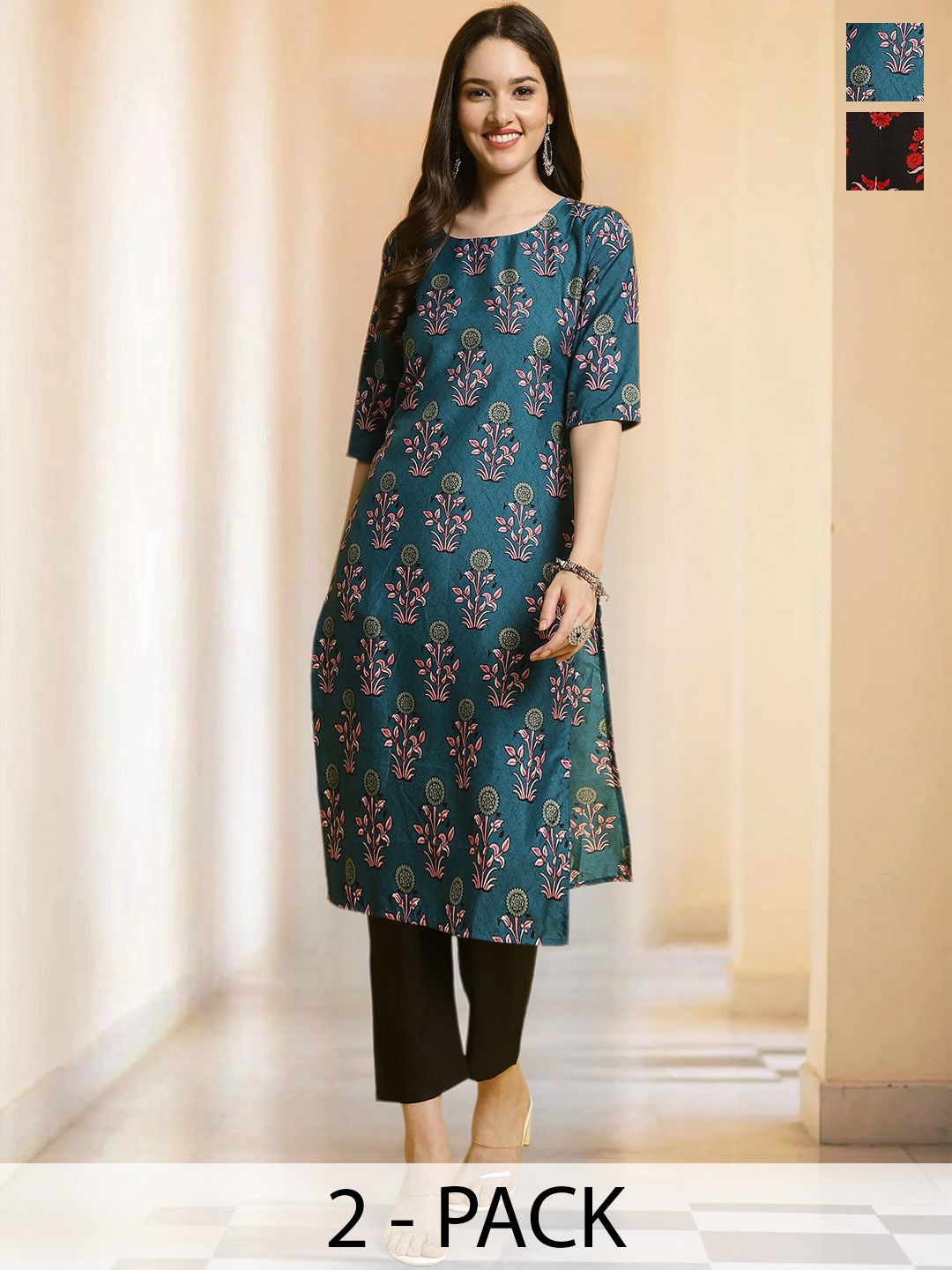 7Threads Selection Of 2 Floral Printed Round Neck Straight Kurtas With Trousers, Teal
7Threads Selection Of 2 Floral Printed Round Neck Straight Kurtas With Trousers, Teal