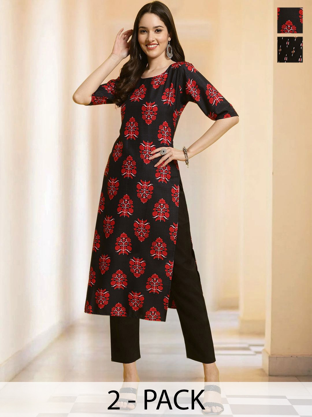 7Threads Selection Of 2 Floral Printed Round Neck Straight Kurta with Trousers, Black
7Threads Selection Of 2 Floral Printed Round Neck Straight Kurta with Trousers, Black
