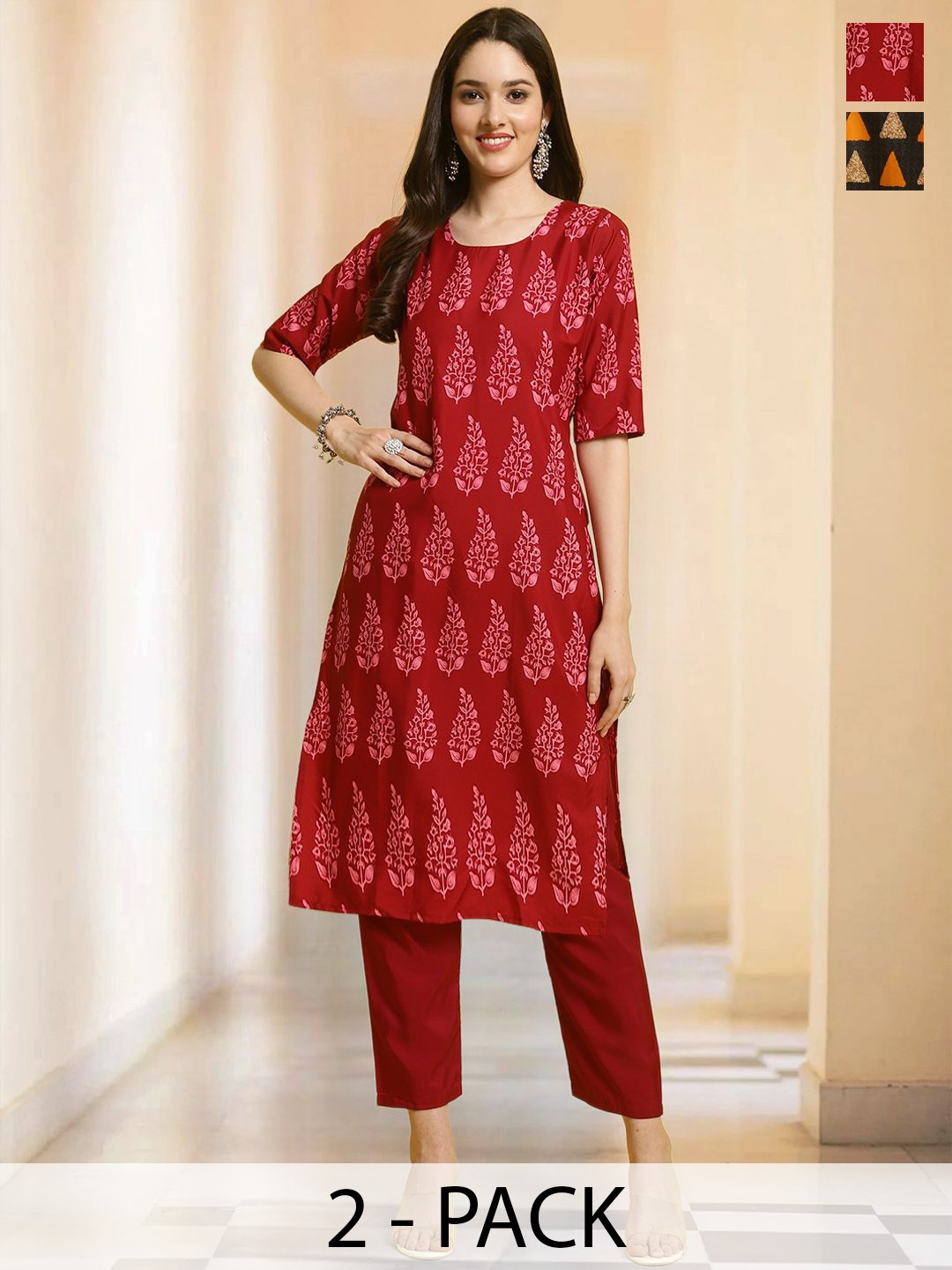 7Threads Selection of 2 Floral Printed Round Neck Straight Kurtas With Trousers, Maroon
7Threads Selection of 2 Floral Printed Round Neck Straight Kurtas With Trousers, Maroon
