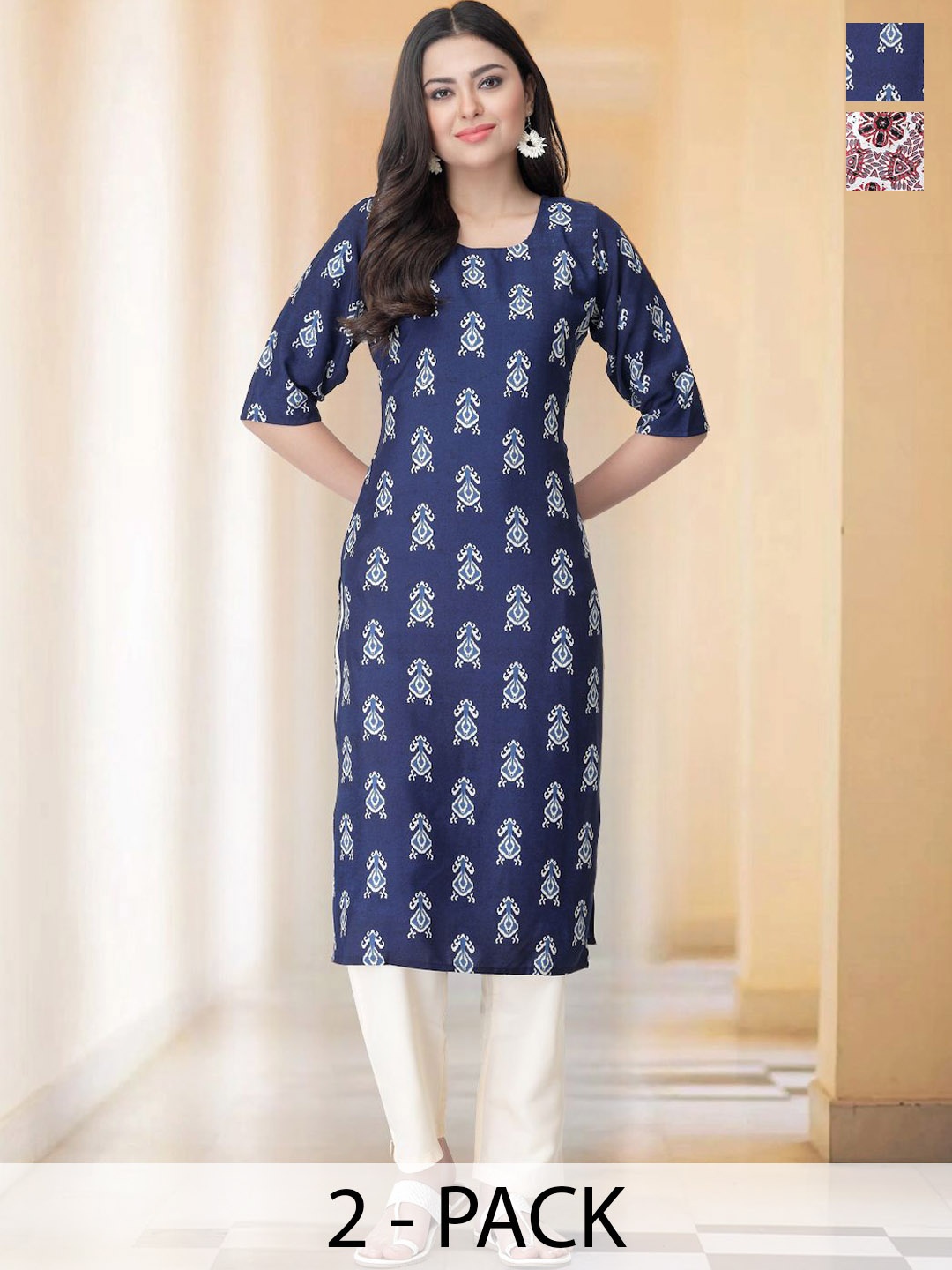 7Threads Selection Of 2 Ethnic Motifs Printed Round Neck Straight Kurtas With Trousers, Navy blue
7Threads Selection Of 2 Ethnic Motifs Printed Round Neck Straight Kurtas With Trousers, Navy blue