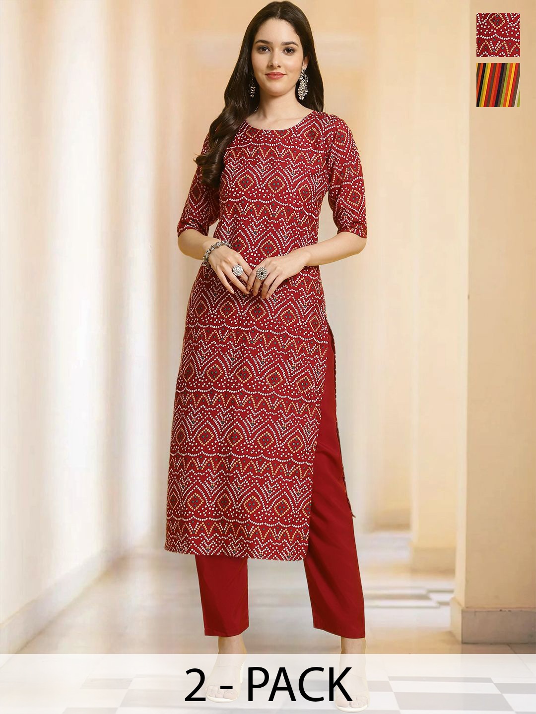 7Threads Selection Of 2 Bandhani Printed Round Neck Straight Kurta with Trousers, Red
7Threads Selection Of 2 Bandhani Printed Round Neck Straight Kurta with Trousers, Red