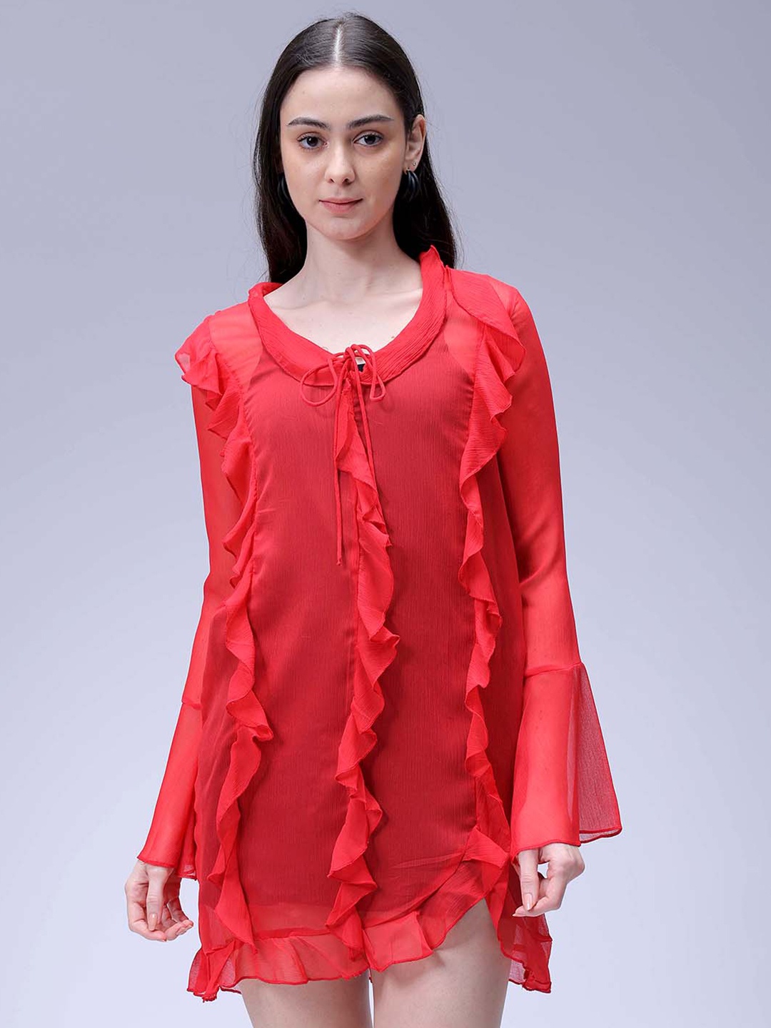 Freehand by The Indian Garage Co Women Tie-Up Neck Ruffled Sheer A-Line Mini Dress, Red
Freehand by The Indian Garage Co Women Tie-Up Neck Ruffled Sheer A-Line Mini Dress, Red