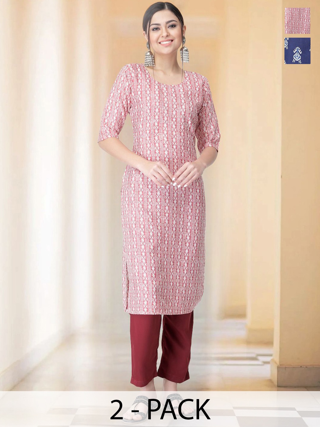 7Threads Selection of 2 Geometric Printed Round Neck Straight Kurtas with Trousers, Pink
7Threads Selection of 2 Geometric Printed Round Neck Straight Kurtas with Trousers, Pink