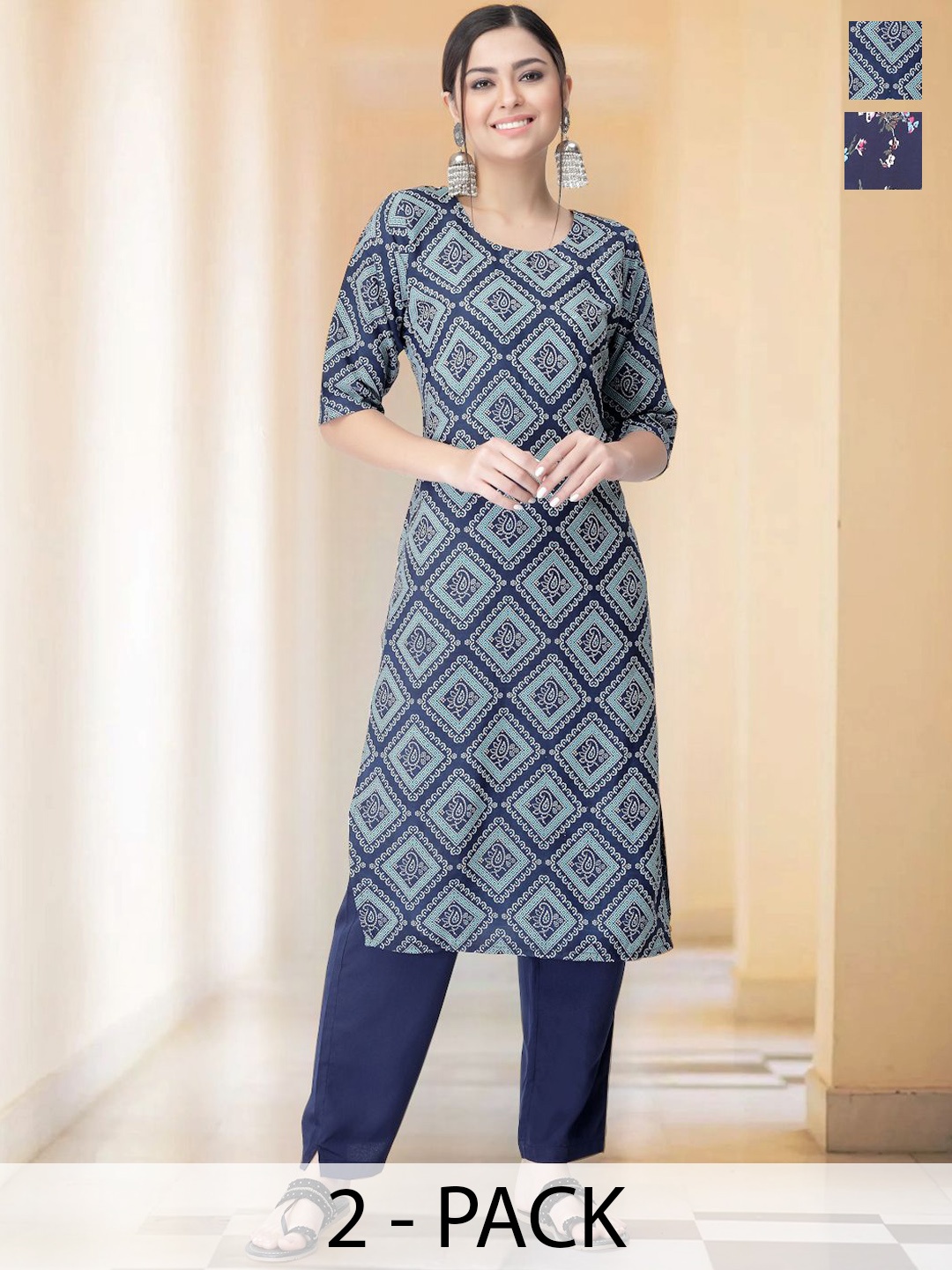 7Threads Selection Of 2 Ethnic Motifs Printed Round Neck Straight Kurtas With Trousers, Navy blue
7Threads Selection Of 2 Ethnic Motifs Printed Round Neck Straight Kurtas With Trousers, Navy blue