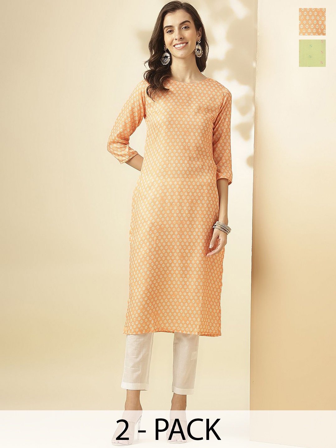 KALINI Selection Of 2 Floral Printed Round Neck Straight Kurta With Trousers, Orange
KALINI Selection Of 2 Floral Printed Round Neck Straight Kurta With Trousers, Orange