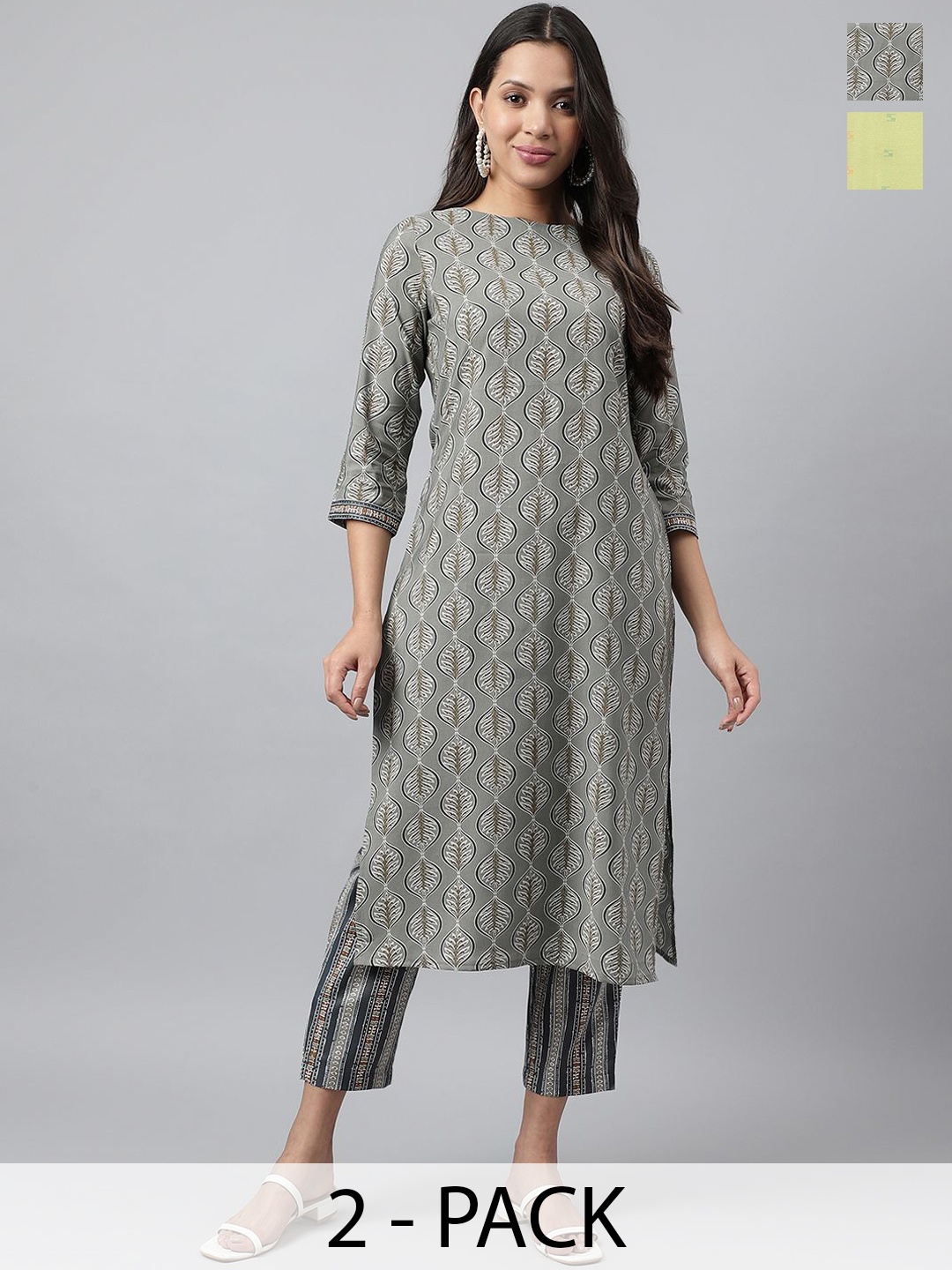 KALINI Selection Of 2 Ethnic Motifs Printed Round Neck Straight Kurta With Trouser, Grey
KALINI Selection Of 2 Ethnic Motifs Printed Round Neck Straight Kurta With Trouser, Grey