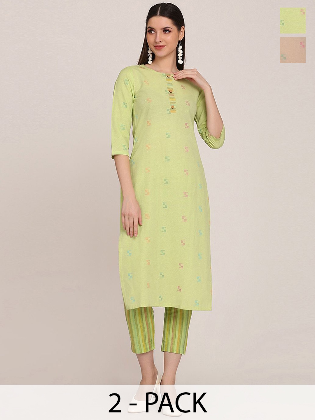 KALINI Selection Of 2 Geometric Printed Round Neck Straight Kurta with Trousers, Green
KALINI Selection Of 2 Geometric Printed Round Neck Straight Kurta with Trousers, Green