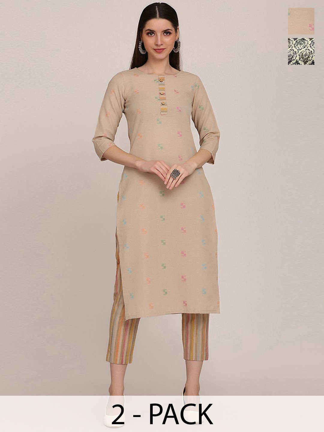 KALINI Selection Of 2 Geometric Printed Straight Kurta With Trousers, Cream
KALINI Selection Of 2 Geometric Printed Straight Kurta With Trousers, Cream