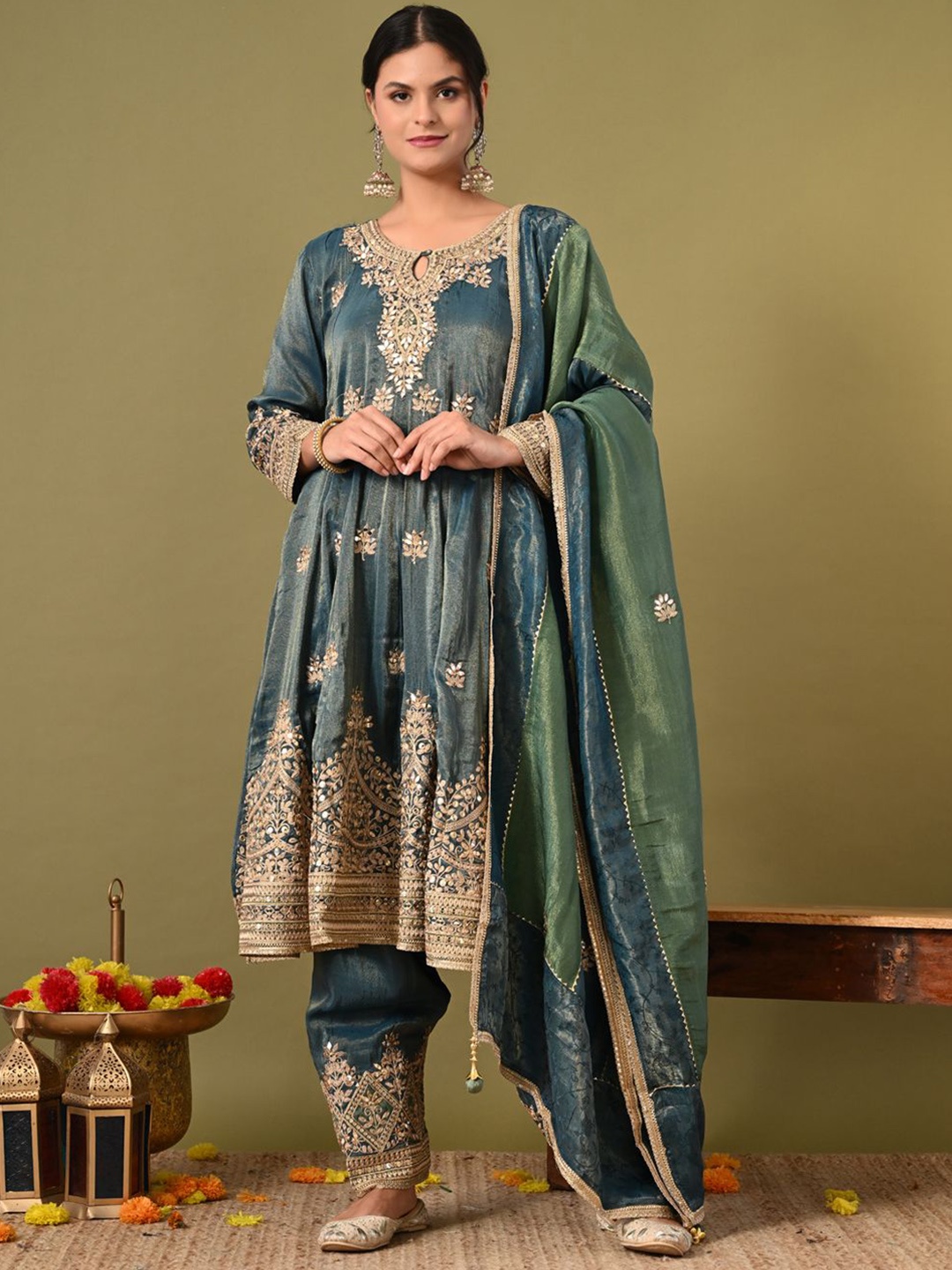 ZARIKALI Floral Embroidered Gotta Patti Work Keyhole Neck A-Line Kurta with Trousers, Blue
ZARIKALI Floral Embroidered Gotta Patti Work Keyhole Neck A-Line Kurta with Trousers, Blue