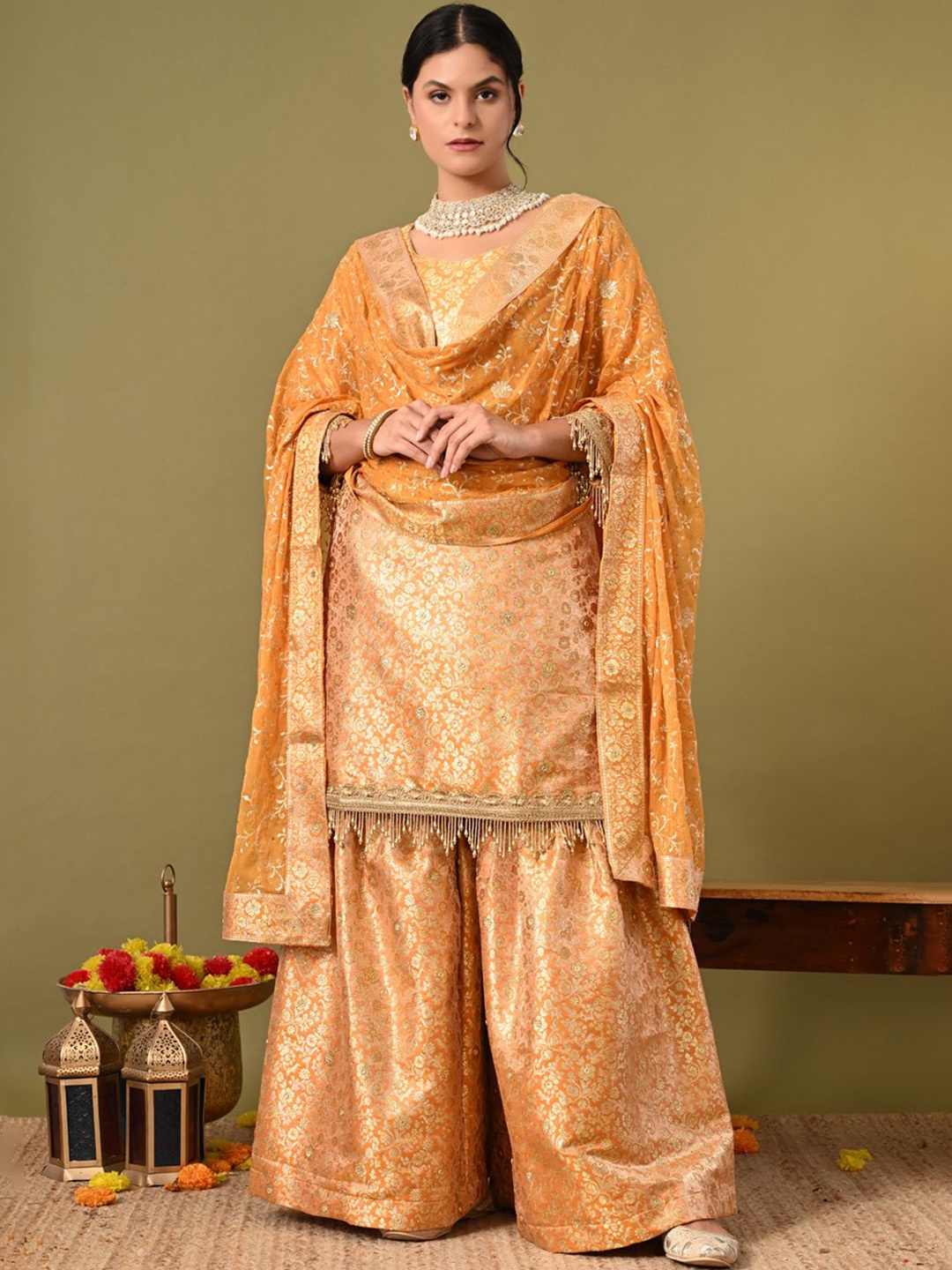 ZARIKALI Floral Woven Design Beads and Stone Tussar Silk Kurta With Sharara And Dupatta, Orange
ZARIKALI Floral Woven Design Beads and Stone Tussar Silk Kurta With Sharara And Dupatta, Orange