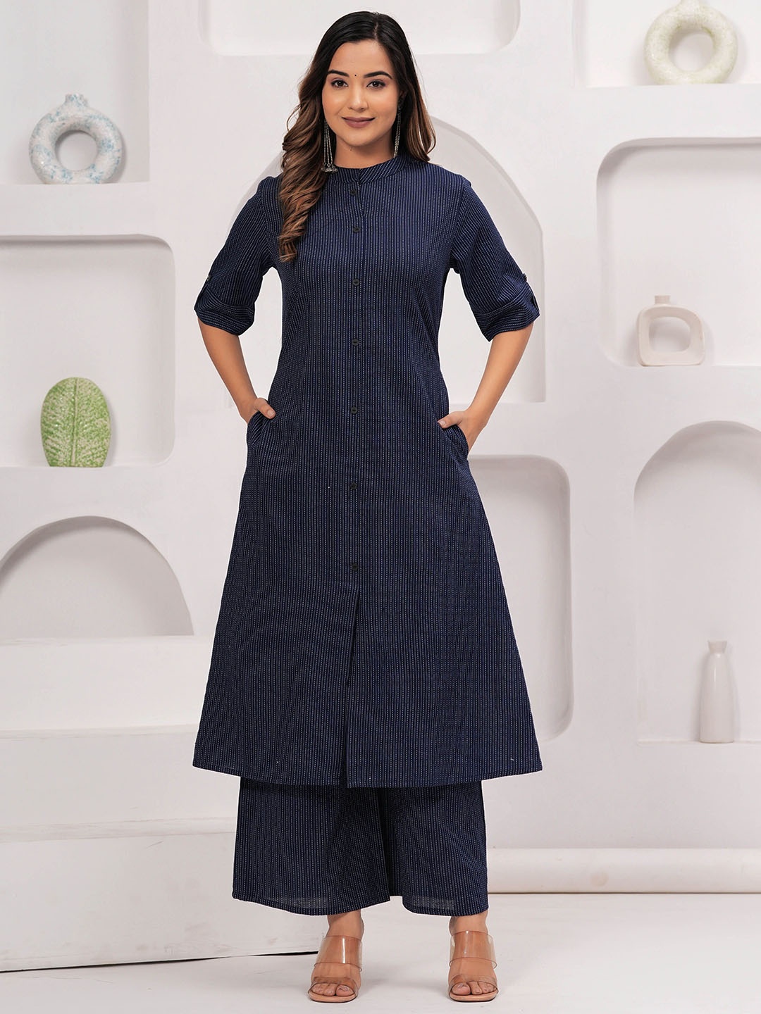Women Planet Striped Kantha Work Mandarin Collar Pure Cotton Kurta with Palazzos, Blue
Women Planet Striped Kantha Work Mandarin Collar Pure Cotton Kurta with Palazzos, Blue