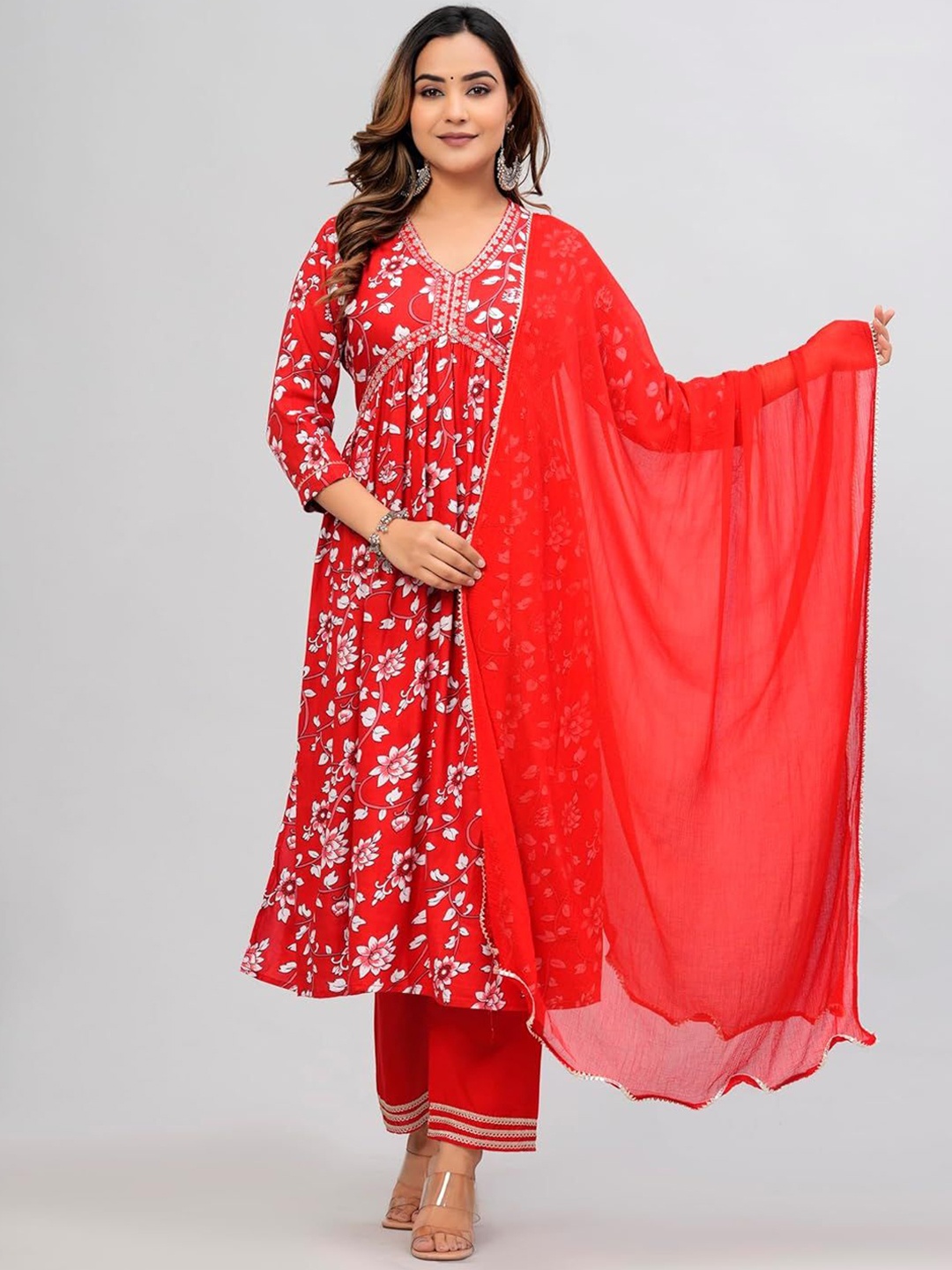 Women Planet Floral Printed Thread Work V-Neck A-Line Kurta with Trousers And Dupatta, Red
Women Planet Floral Printed Thread Work V-Neck A-Line Kurta with Trousers And Dupatta, Red