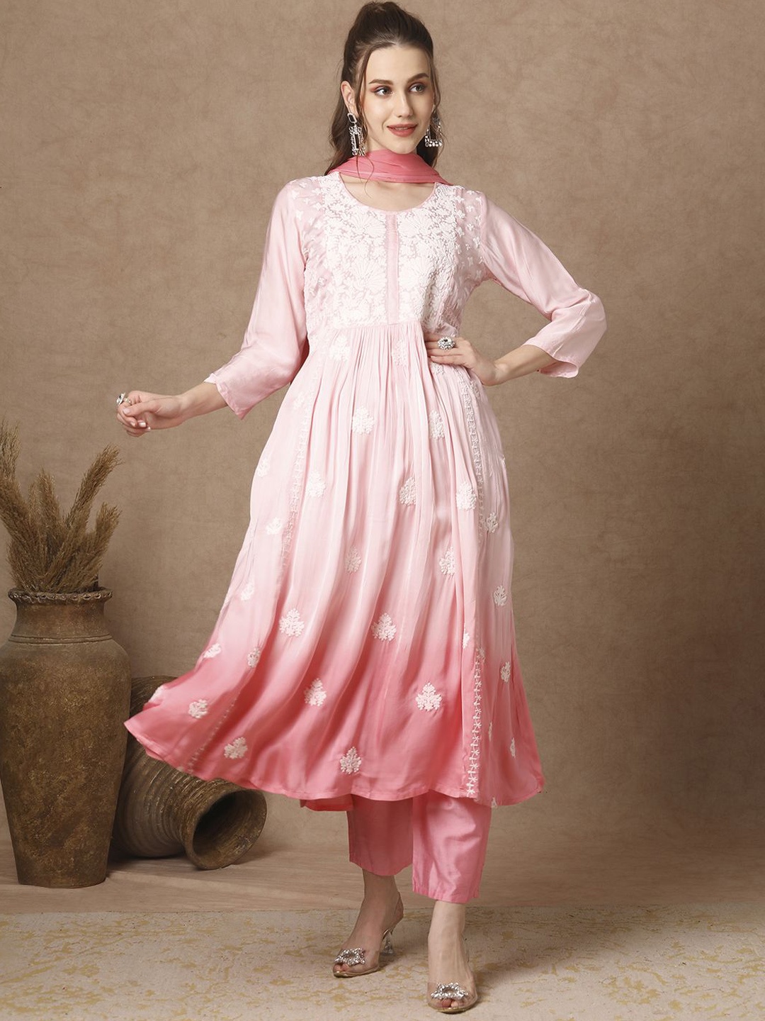 FASHOR Floral Embroidered Chikankari Modal Pleated A-Line Kurta With Trousers & Dupatta, Pink
FASHOR Floral Embroidered Chikankari Modal Pleated A-Line Kurta With Trousers & Dupatta, Pink
