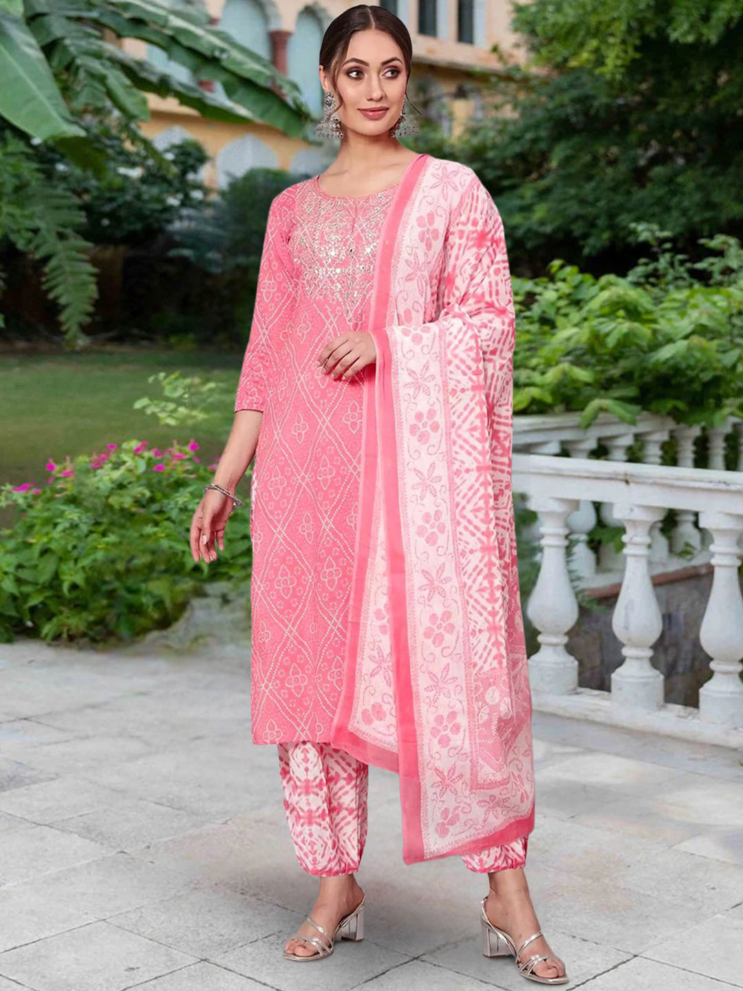 7Threads Bandhani Printed Keyhole Neck Sequinned Straight Kurta With Trousers And Dupatta, Pink
7Threads Bandhani Printed Keyhole Neck Sequinned Straight Kurta With Trousers And Dupatta, Pink