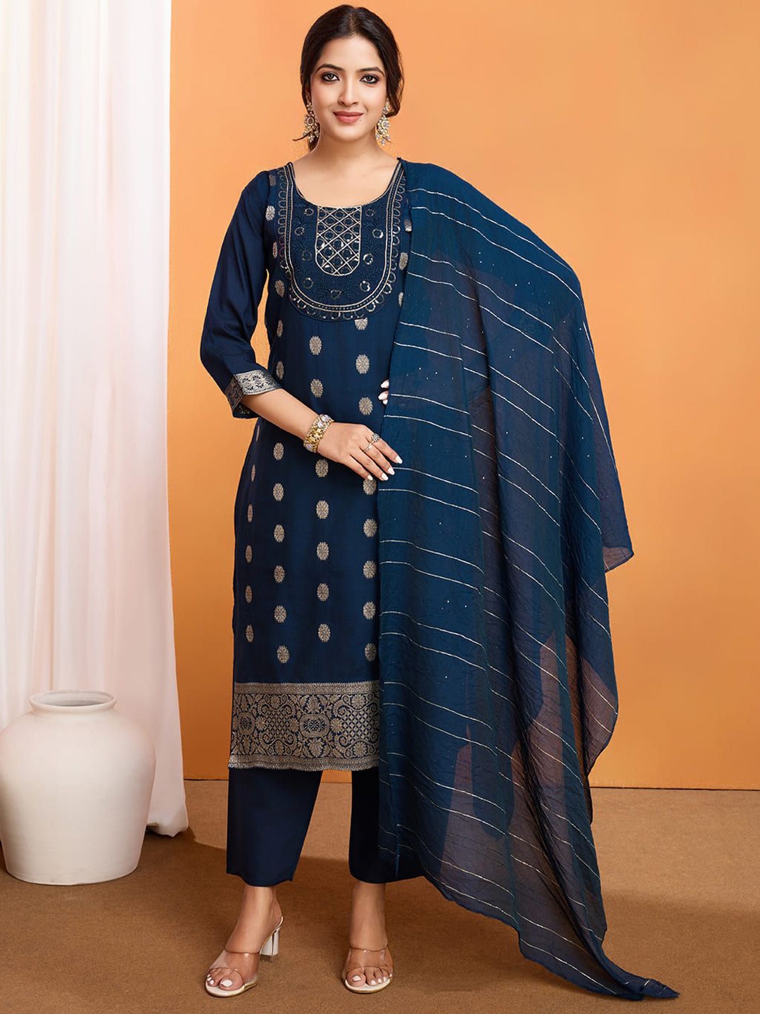 Shriji fashion Floral Printed Embroidered Pure Silk Kurta With Trouser And Dupatta, Blue
Shriji fashion Floral Printed Embroidered Pure Silk Kurta With Trouser And Dupatta, Blue