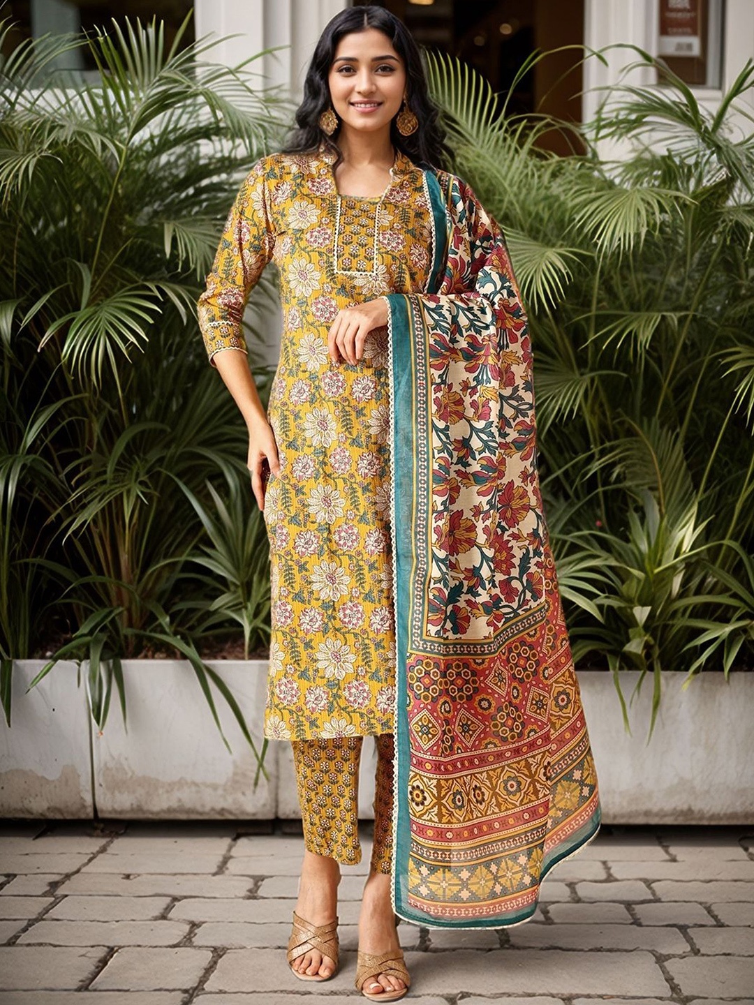 Anouk Floral Printed Thread Work Mandarin Collar Pure Cotton Kurta With Trousers & Dupatta, Yellow
Anouk Floral Printed Thread Work Mandarin Collar Pure Cotton Kurta With Trousers & Dupatta, Yellow