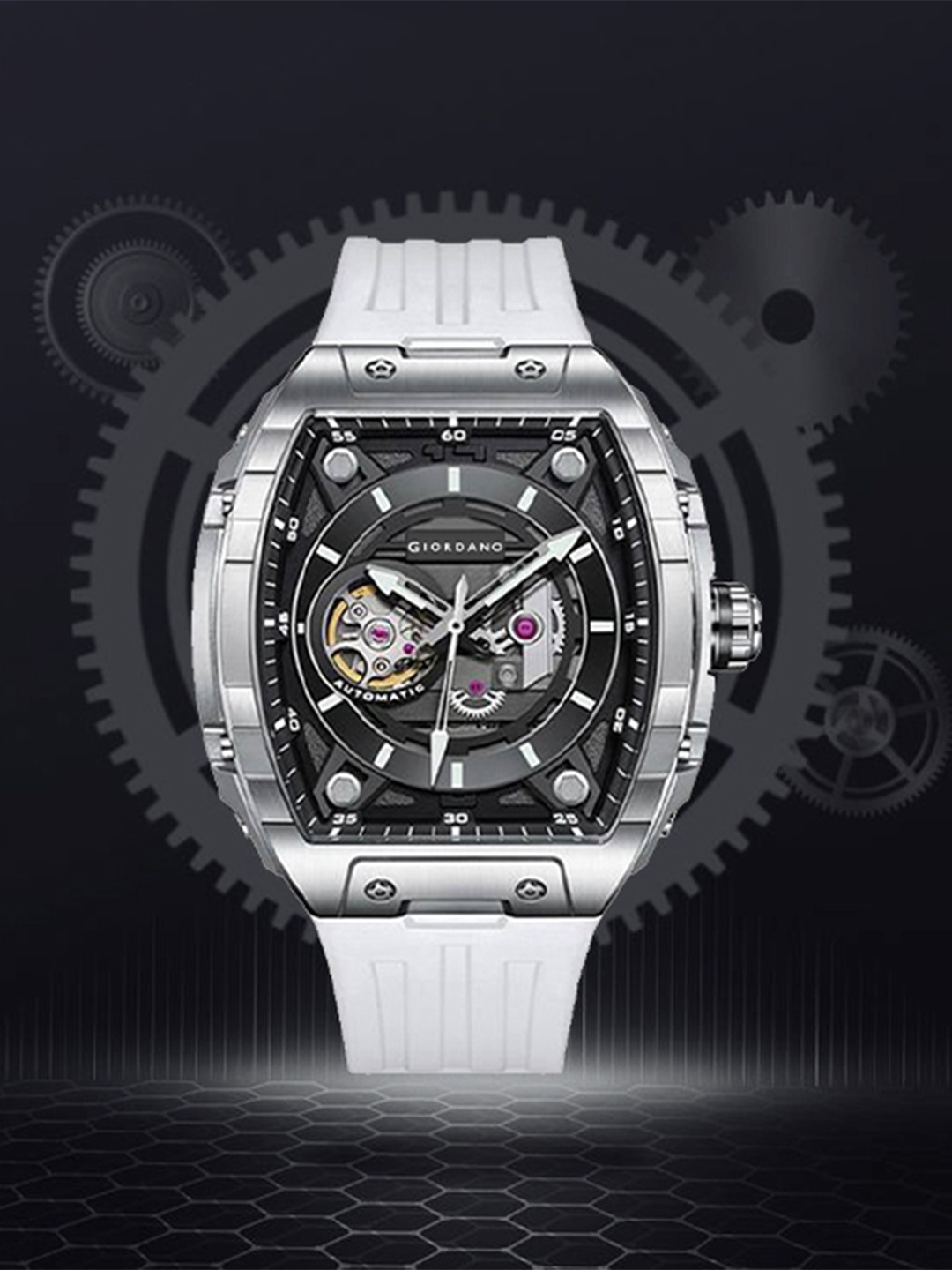 GIORDANO Men Skeleton Self-Winding 43mm Silicone Strap 30M Water-Resistant Watch, Black
GIORDANO Men Skeleton Self-Winding 43mm Silicone Strap 30M Water-Resistant Watch, Black
