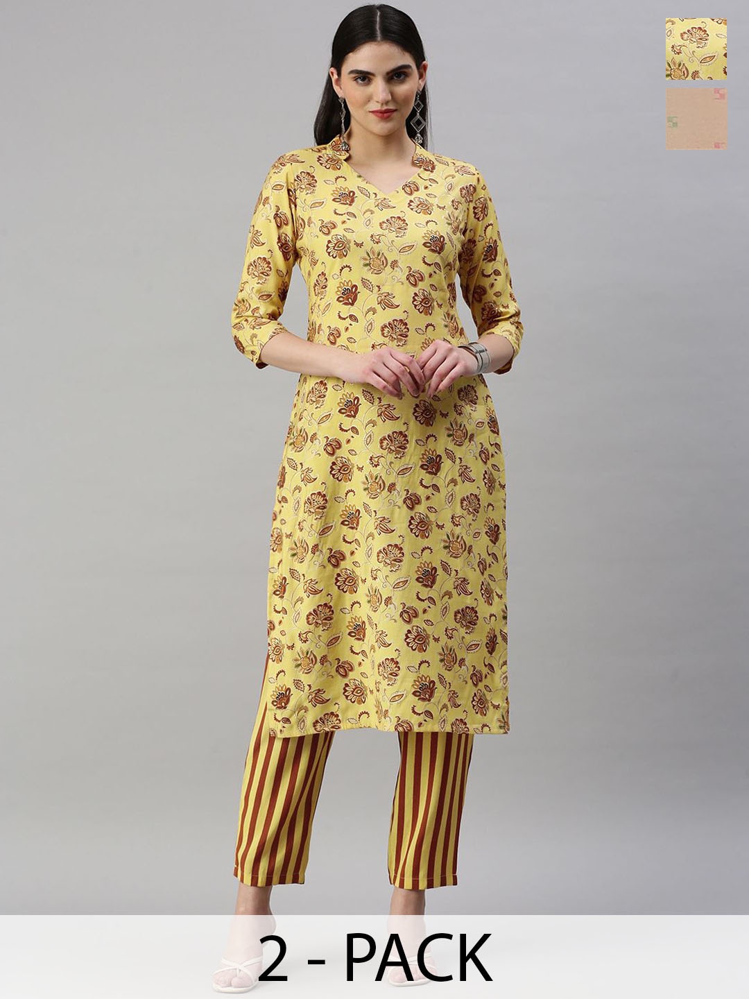 KALINI Selection Of 2 Floral Printed Mandarin Collar Straight Kurta With Trouser, Yellow
KALINI Selection Of 2 Floral Printed Mandarin Collar Straight Kurta With Trouser, Yellow