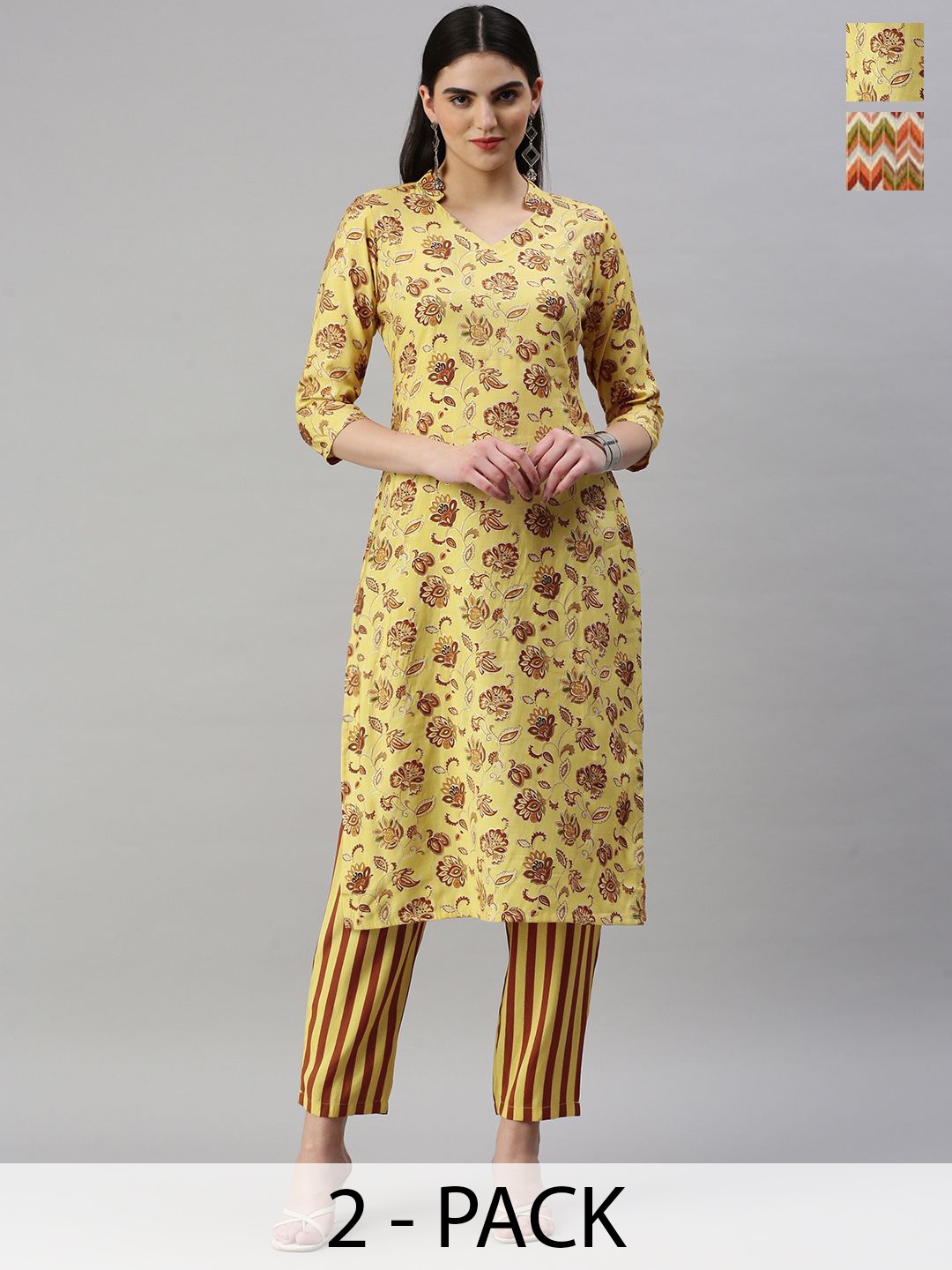 KALINI Selection Of 2 Floral Printed Mandarin Collar Straight Kurta With Trouser, Yellow
KALINI Selection Of 2 Floral Printed Mandarin Collar Straight Kurta With Trouser, Yellow