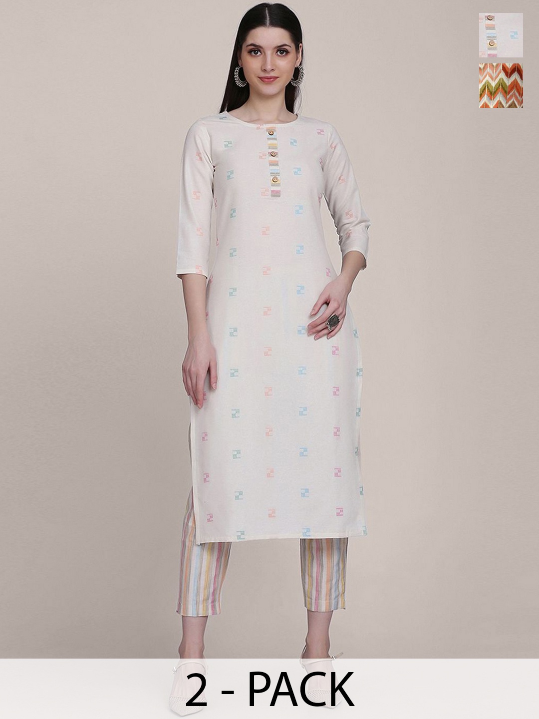 KALINI Selection Of 2 Geometric Printed Round Neck Straight Kurtas With Trousers, White
KALINI Selection Of 2 Geometric Printed Round Neck Straight Kurtas With Trousers, White
