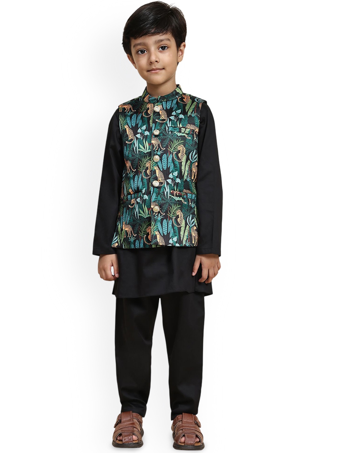 Funny Bones Clothings Boys Animal Printed Band Collar Pure Cotton Kurta With Pyjama & Koti, Black
Funny Bones Clothings Boys Animal Printed Band Collar Pure Cotton Kurta With Pyjama & Koti, Black