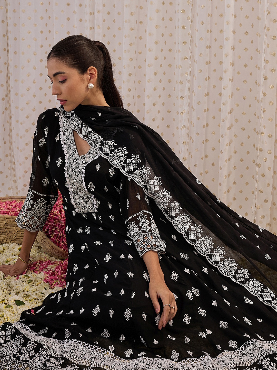 Indo Era Ethnic Motifs Embroidered Pure Cotton Anarkali Kurta With Trouser And Dupatta, Black
Indo Era Ethnic Motifs Embroidered Pure Cotton Anarkali Kurta With Trouser And Dupatta, Black