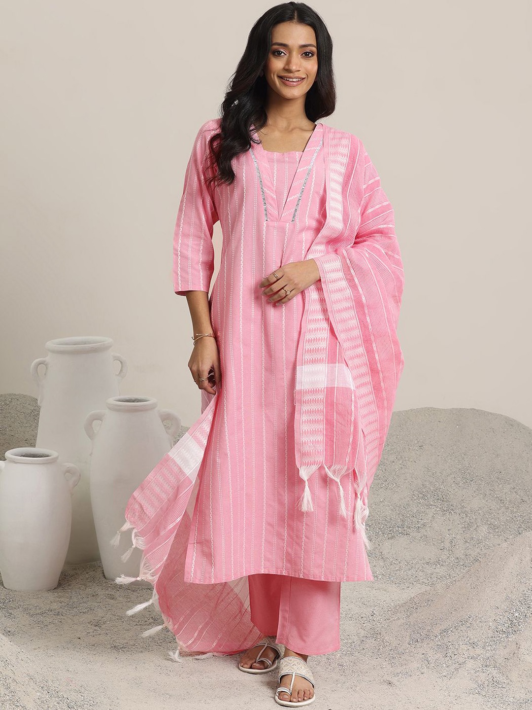 Libas Women Striped Regular Thread Work Kurta with Trousers & With Dupatta, Pink
Libas Women Striped Regular Thread Work Kurta with Trousers & With Dupatta, Pink