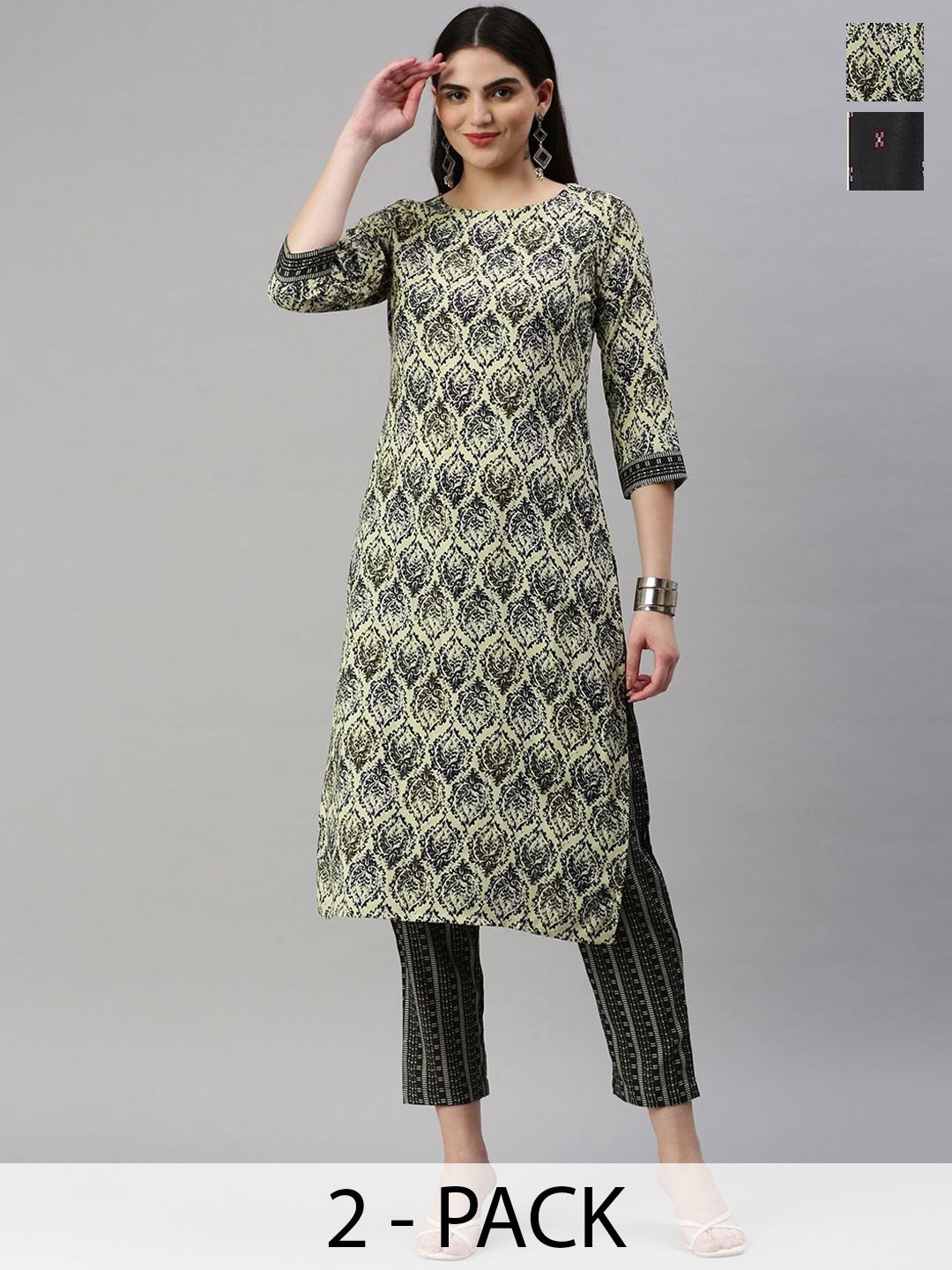 KALINI Selection Of 2 Floral Printed Round Neck Straight Kurtas With Trousers, Green
KALINI Selection Of 2 Floral Printed Round Neck Straight Kurtas With Trousers, Green
