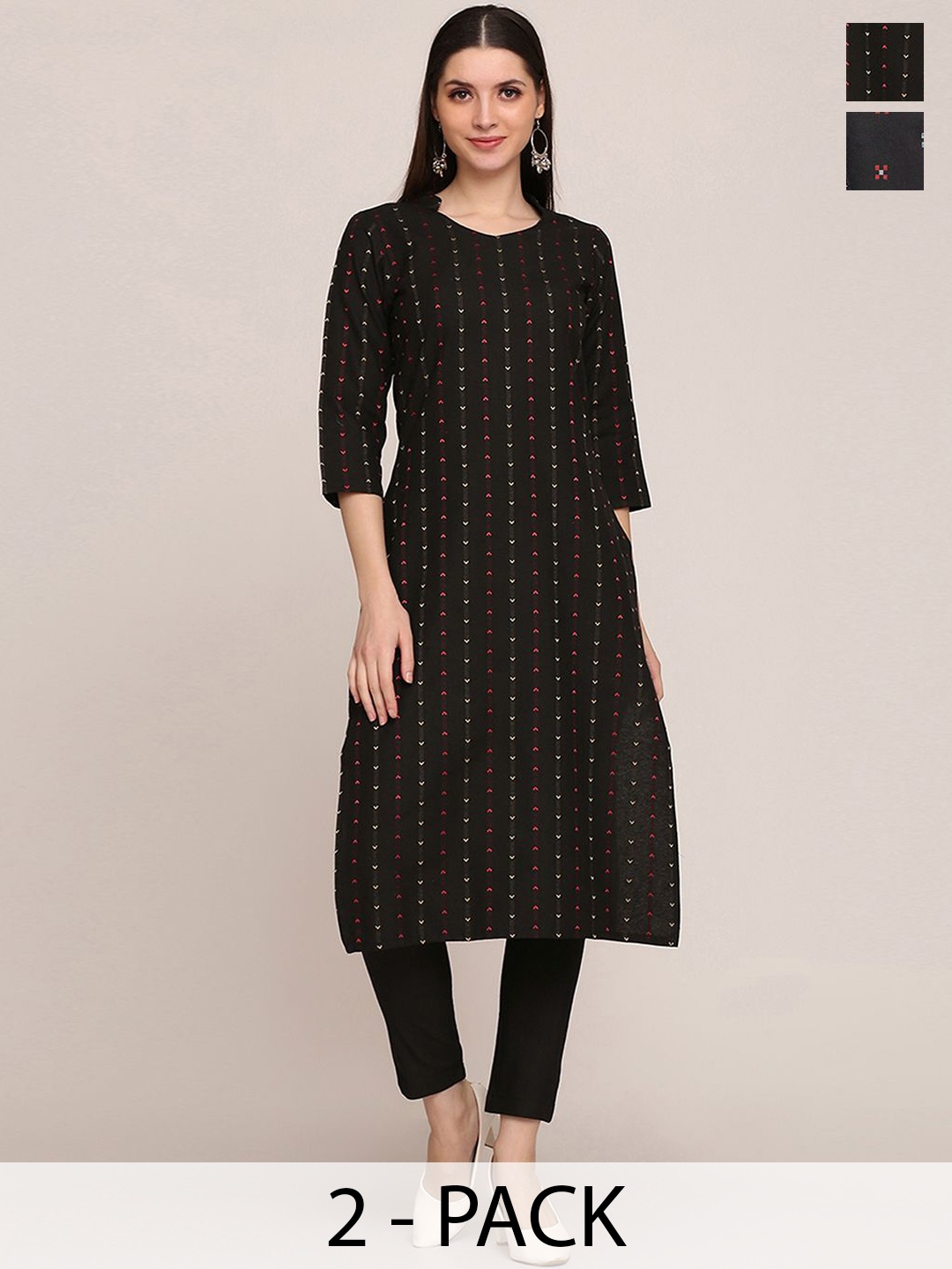 KALINI Selection Of 2 Geometric Printed Round Neck Straight Kurtas With Trousers, Black
KALINI Selection Of 2 Geometric Printed Round Neck Straight Kurtas With Trousers, Black